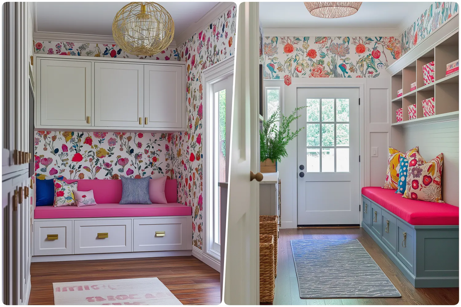 Bright entryway mud room with floral wallpaper cozy bench and pink cushions, Entrance features large window bright decor and colorful seating area