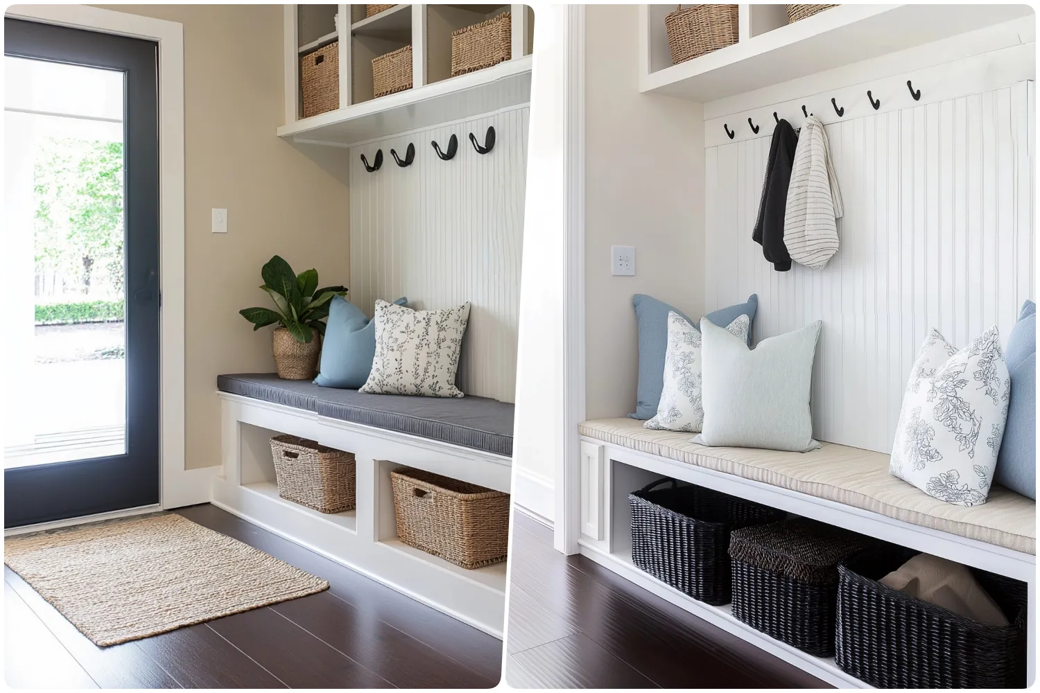 Bright entryway mudroom with benches pillows hooks and baskets for storage