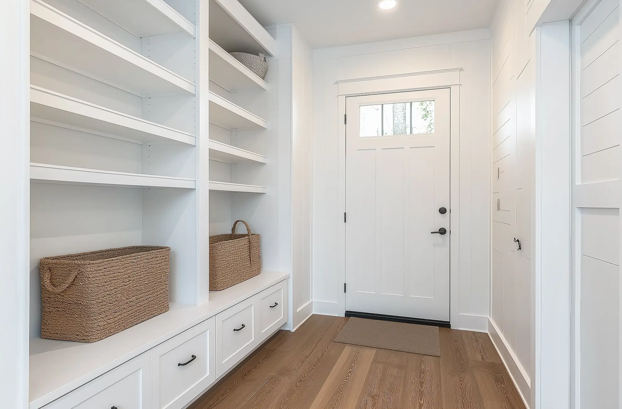 Bright entryway mudroom with white shelves and woven baskets next to a front door