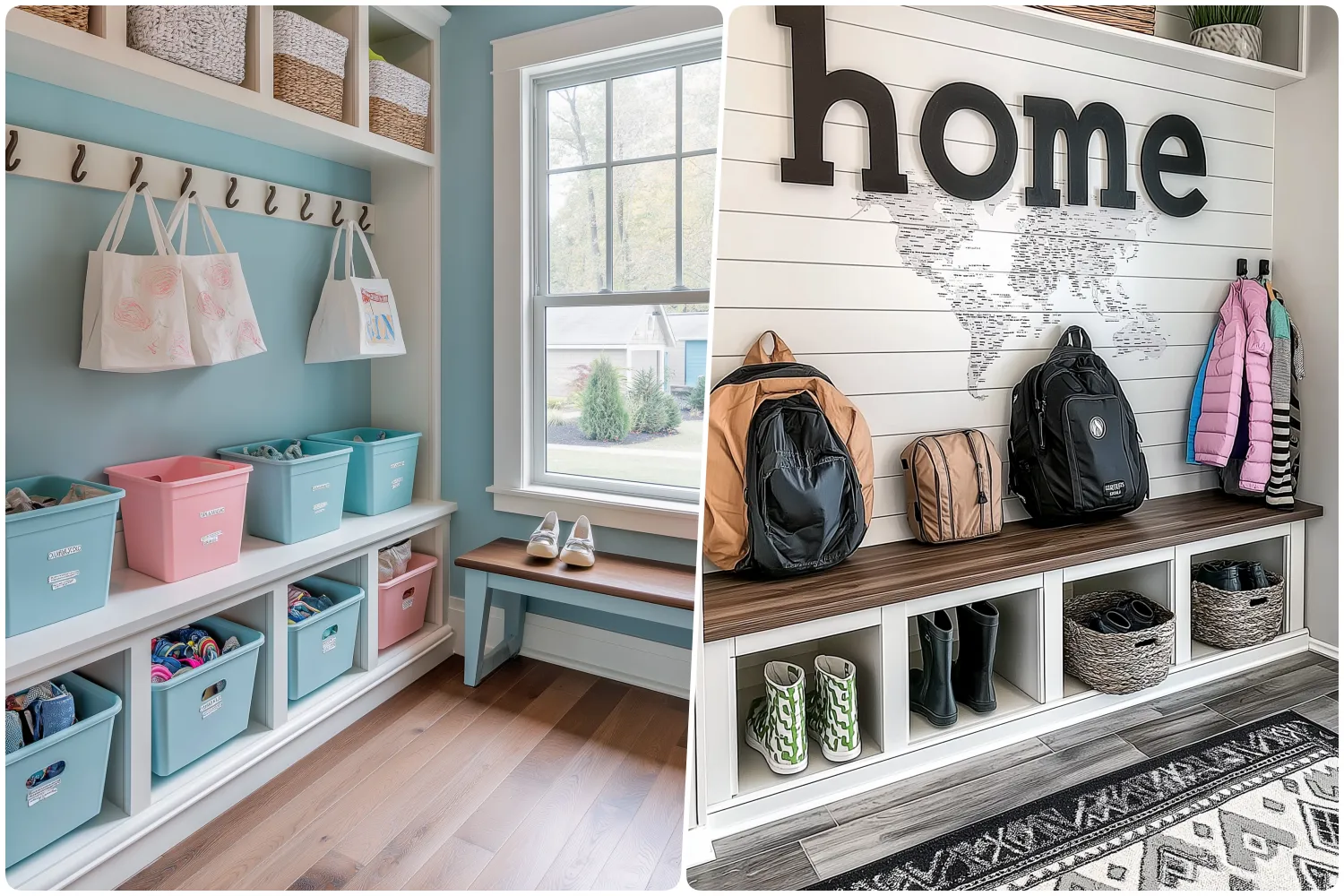 Bright entryway with storage bins and backpacks on a wall shelf