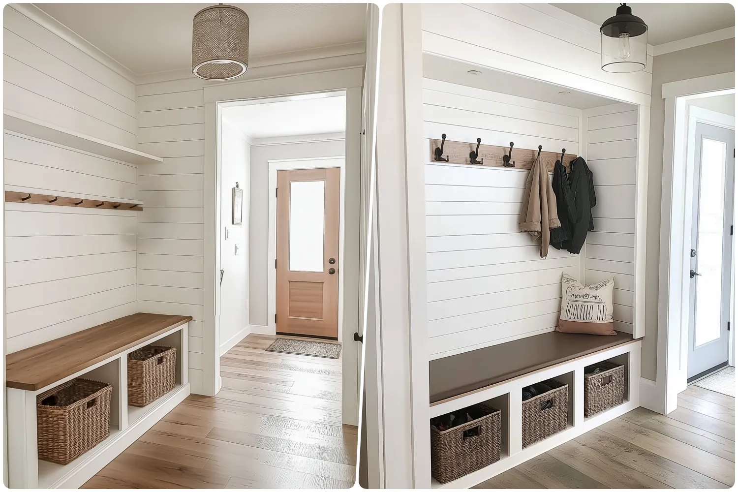 Bright entryway with wooden bench and storage baskets against shiplap walls, Coat rack with jackets and a decorative pillow in modern mudroom space