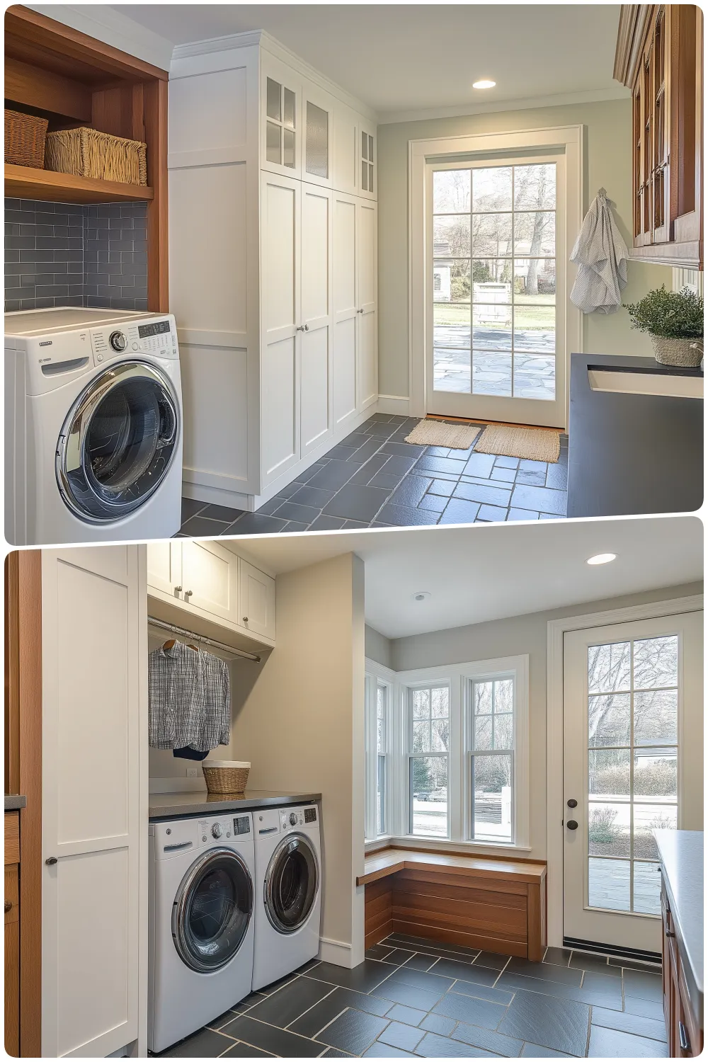 Bright mud room laundry with white cabinets washer dryer and a view of the green outdoors, Modern laundry area with gray slate floor two washers and a cozy window seat