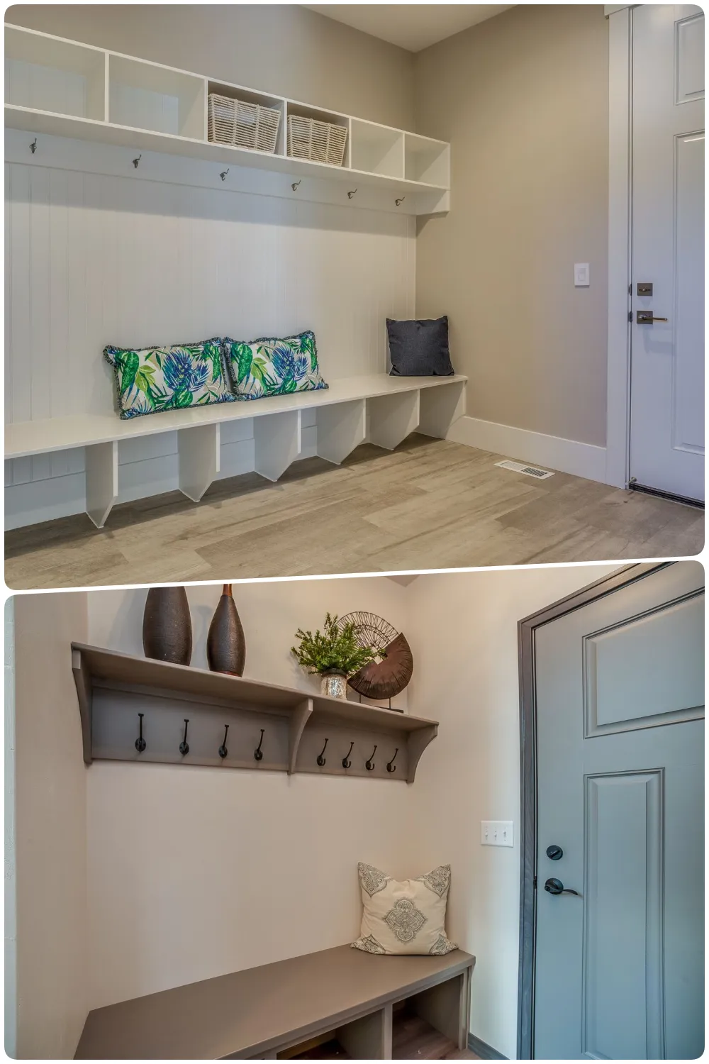 Bright mudroom with a white bench decorative pillows and hooks above Cozy entryway featuring a brown bench hooks and decorative vases on a shelf