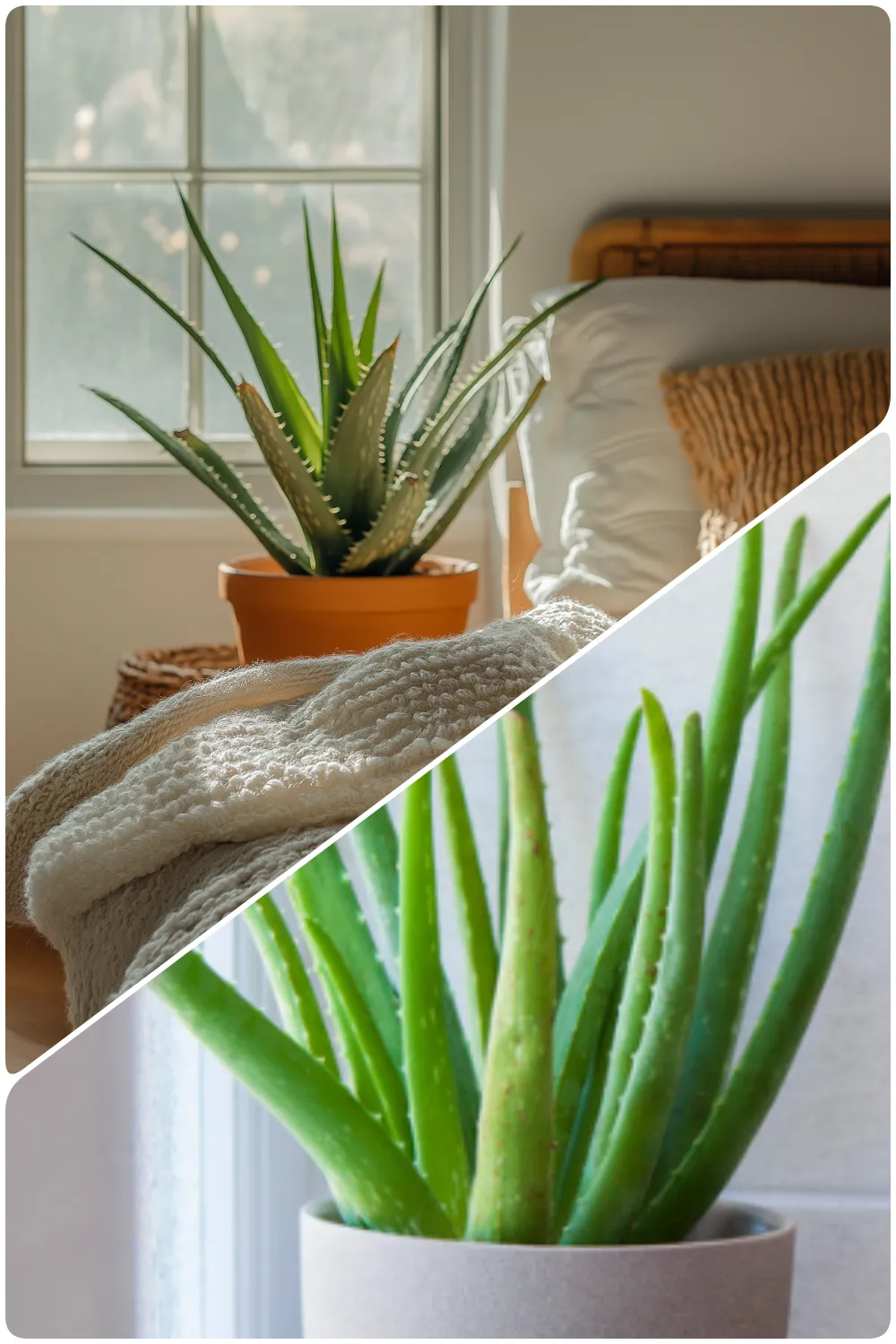 Bright room with a large aloe vera plant in orange pot near a cozy bed and window, Close-up of a vibrant green aloe vera plant in a light grey pot on a windowsill