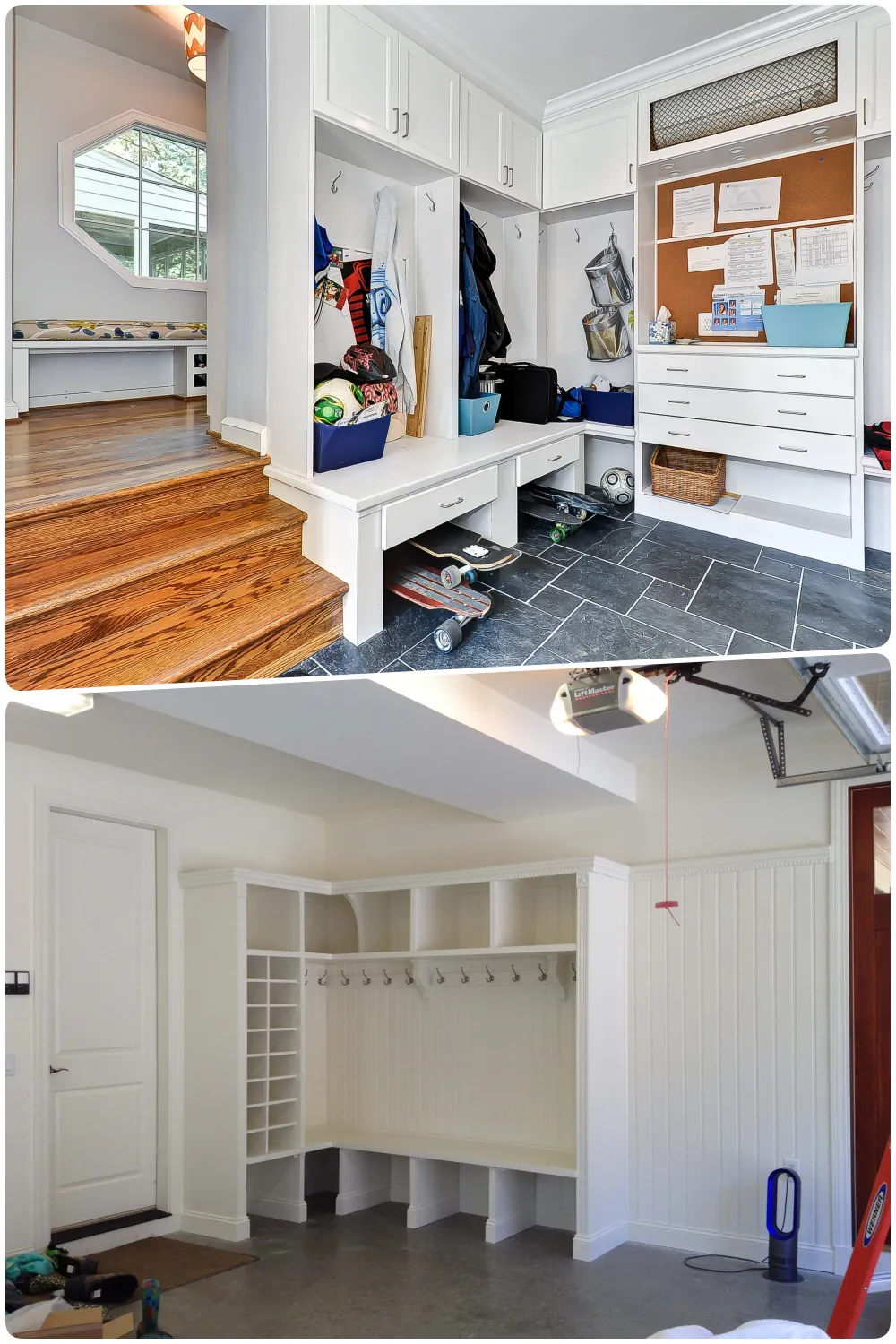 Busy mudroom garage with storage and clutter contrasted by a clean minimalist space