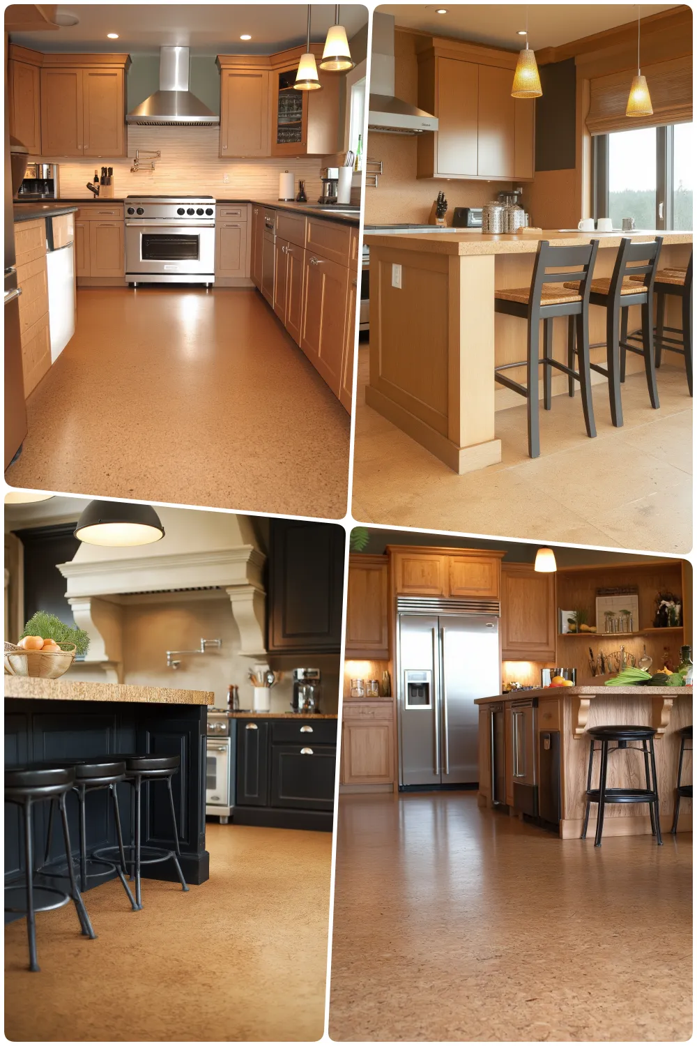 Charming kitchens featuring natural cork flooring with warm wooden cabinets and modern designs