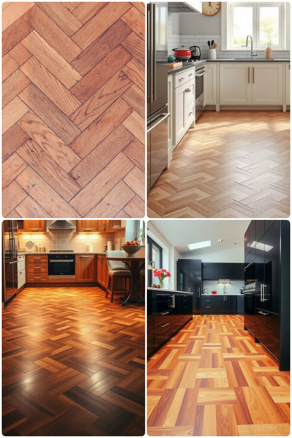 Chic kitchens featuring elegant herringbone wooden floors in warm tones and modern designs