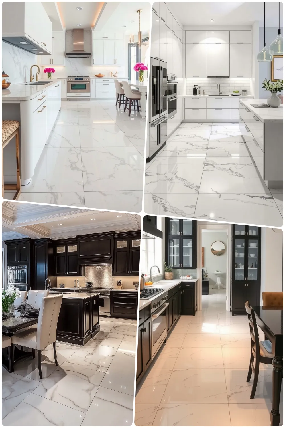 Chic kitchens featuring sleek white marble floors complementing modern and elegant interiors