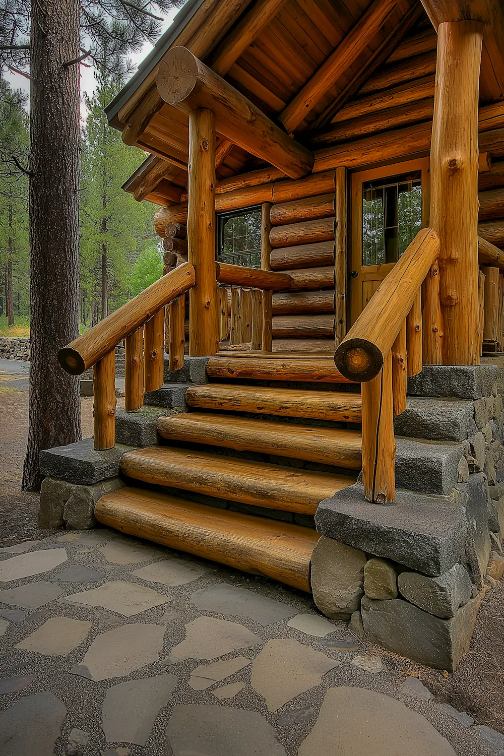 Close-up of log cabin steps with stone accents surrounded by trees