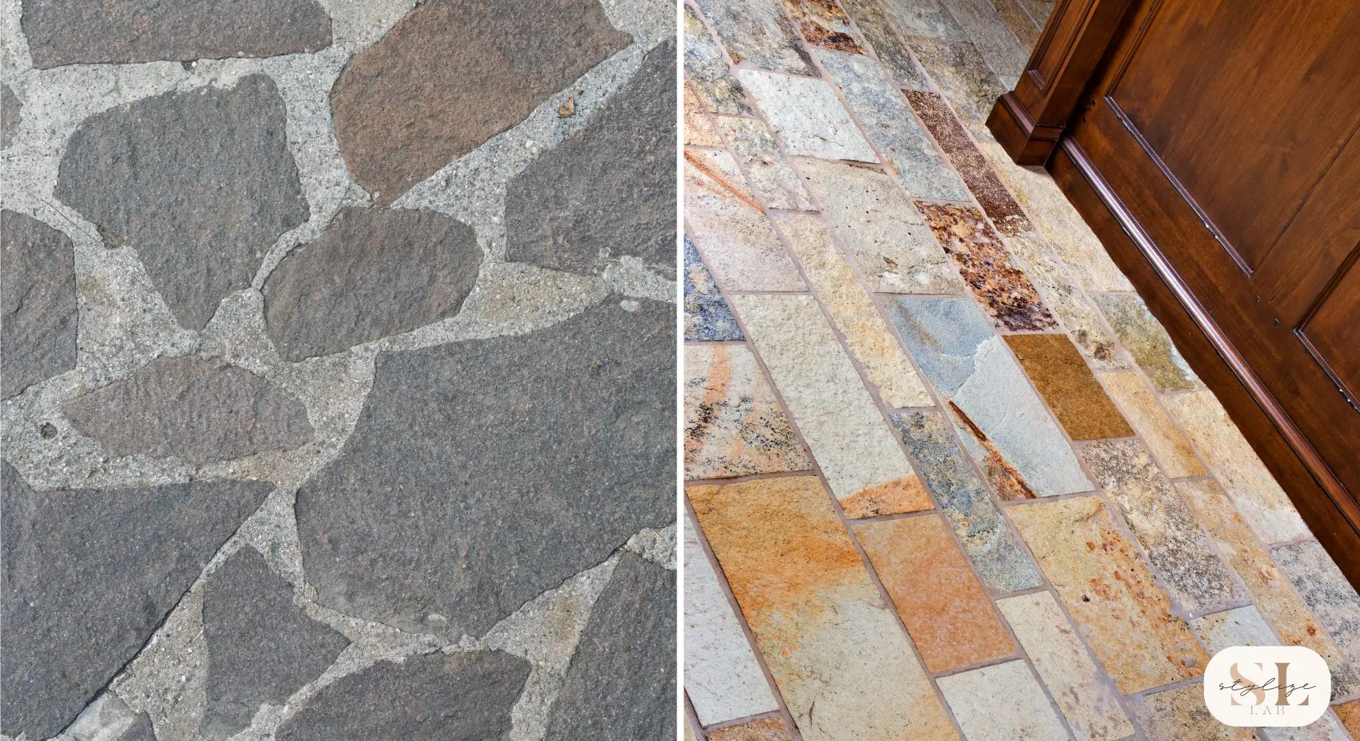 Close-up of textured stone flooring with irregular patterns on the left and Colorful patterned stone flooring next to wooden cabinetry on the right