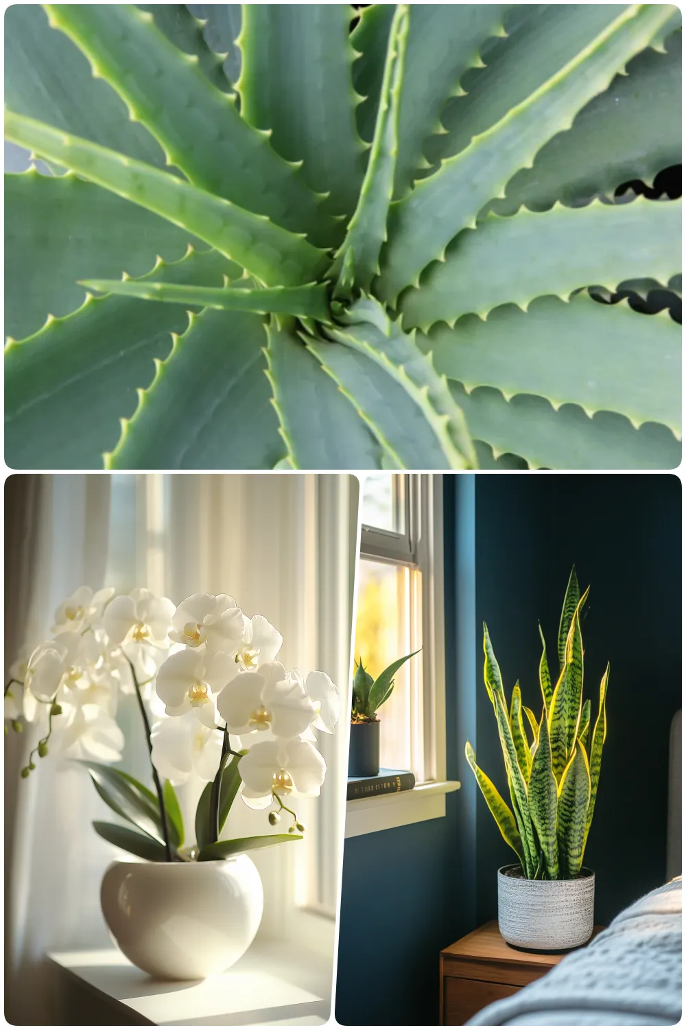 Close-up view of a textured aloe vera plant showcasing its thick green leaves, White orchid flowers in a round vase placed on a sunny windowsill