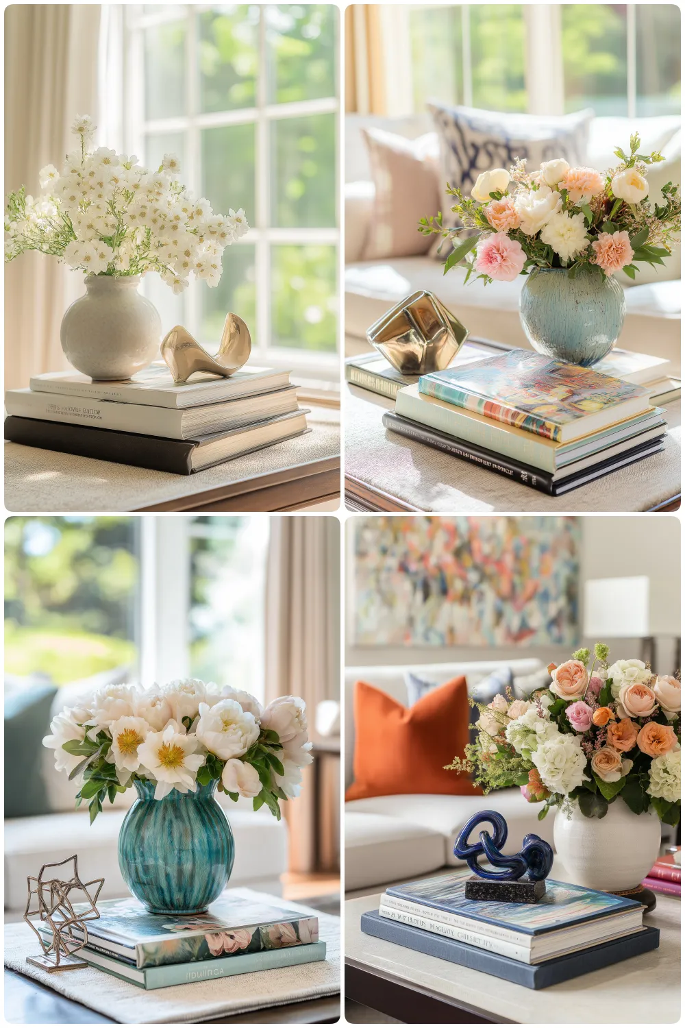 Coffee table decor with various floral arrangements in vases on stacked books in a bright living room with soft lighting