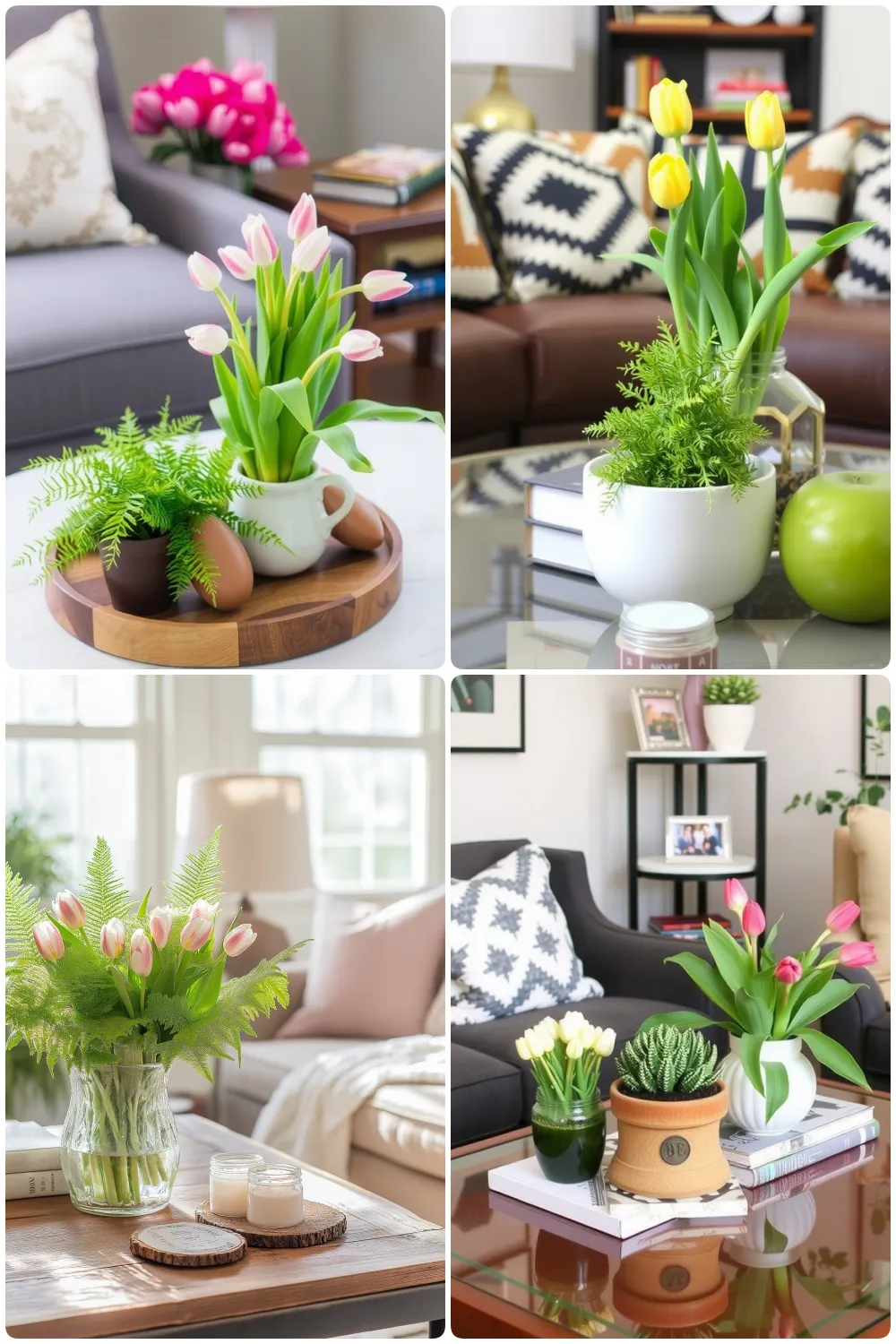 Collage of arrangements featuring pink and yellow tulips with greenery in various pots on tables, coffee table decor