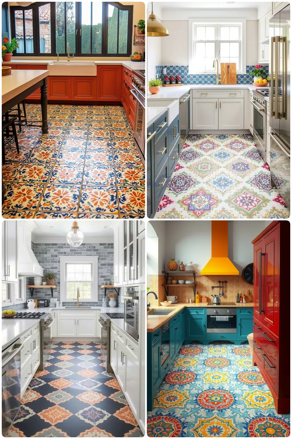 Colorful patterned tile kitchen floors showcasing vibrant designs and modern decor styles