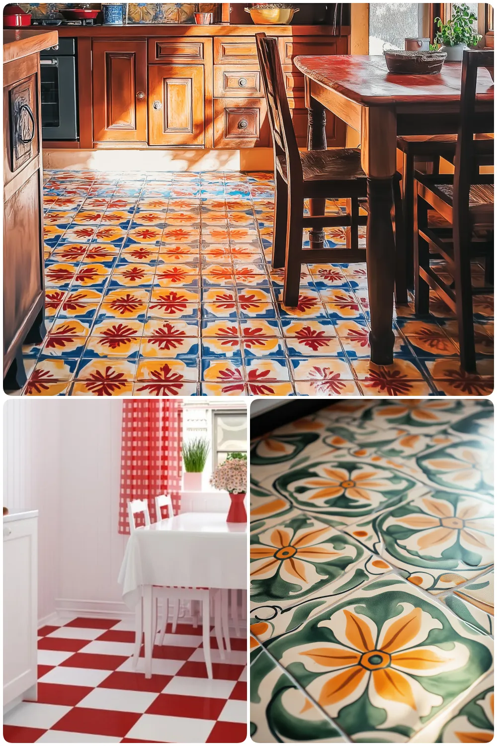 Colorful tiled floors in kitchens featuring bright floral patterns and checkerboard designs