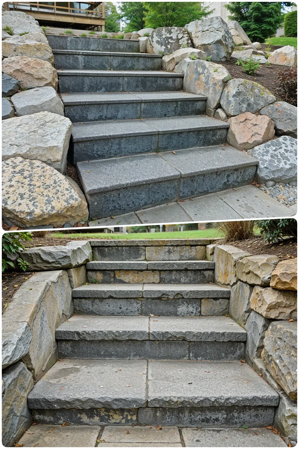 Comparison of two sets of stone steps surrounded by rocks and greenery