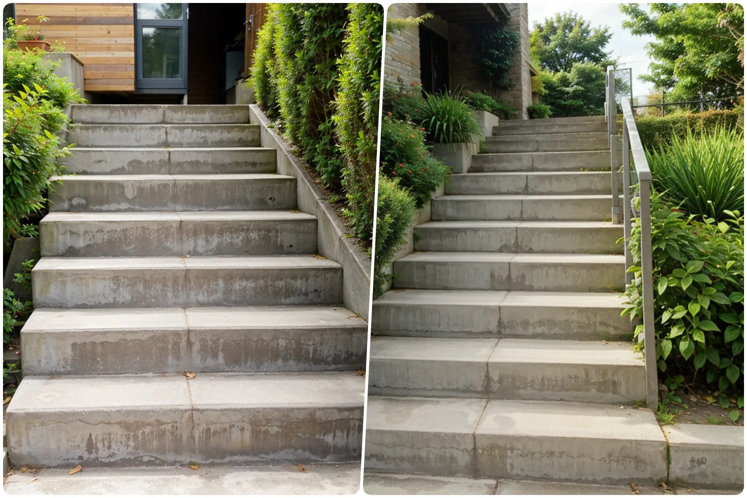 Concrete stairs flanked by greenery showing a before and after cleaning comparison