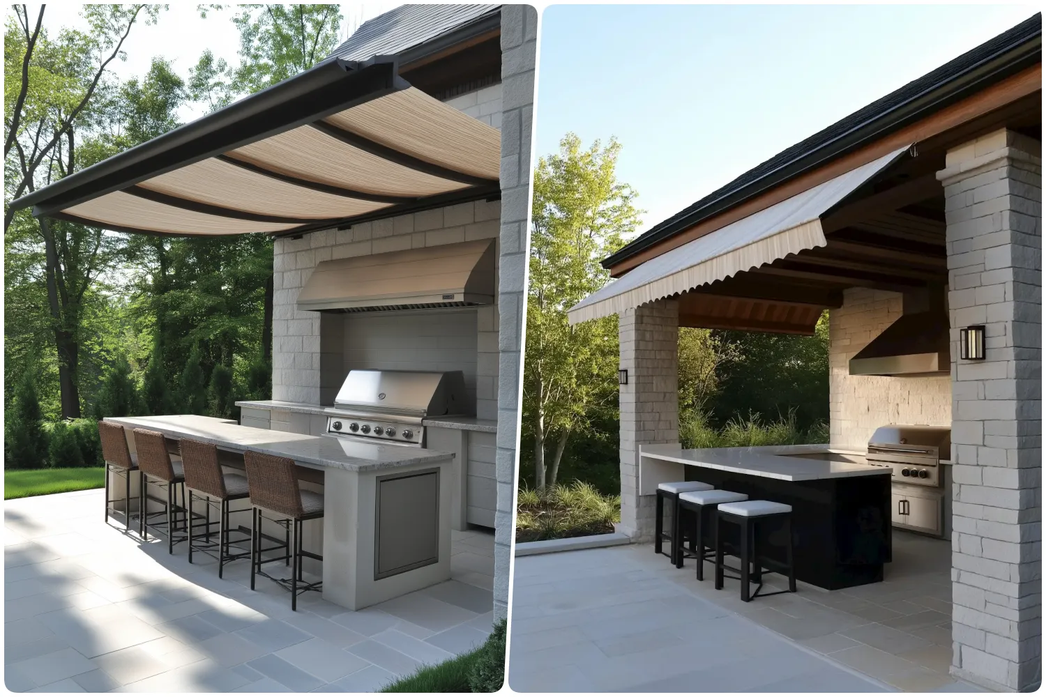 Contemporary outdoor kitchen with two grill setups and covered seating areas surrounded by trees and Retractable Canopy