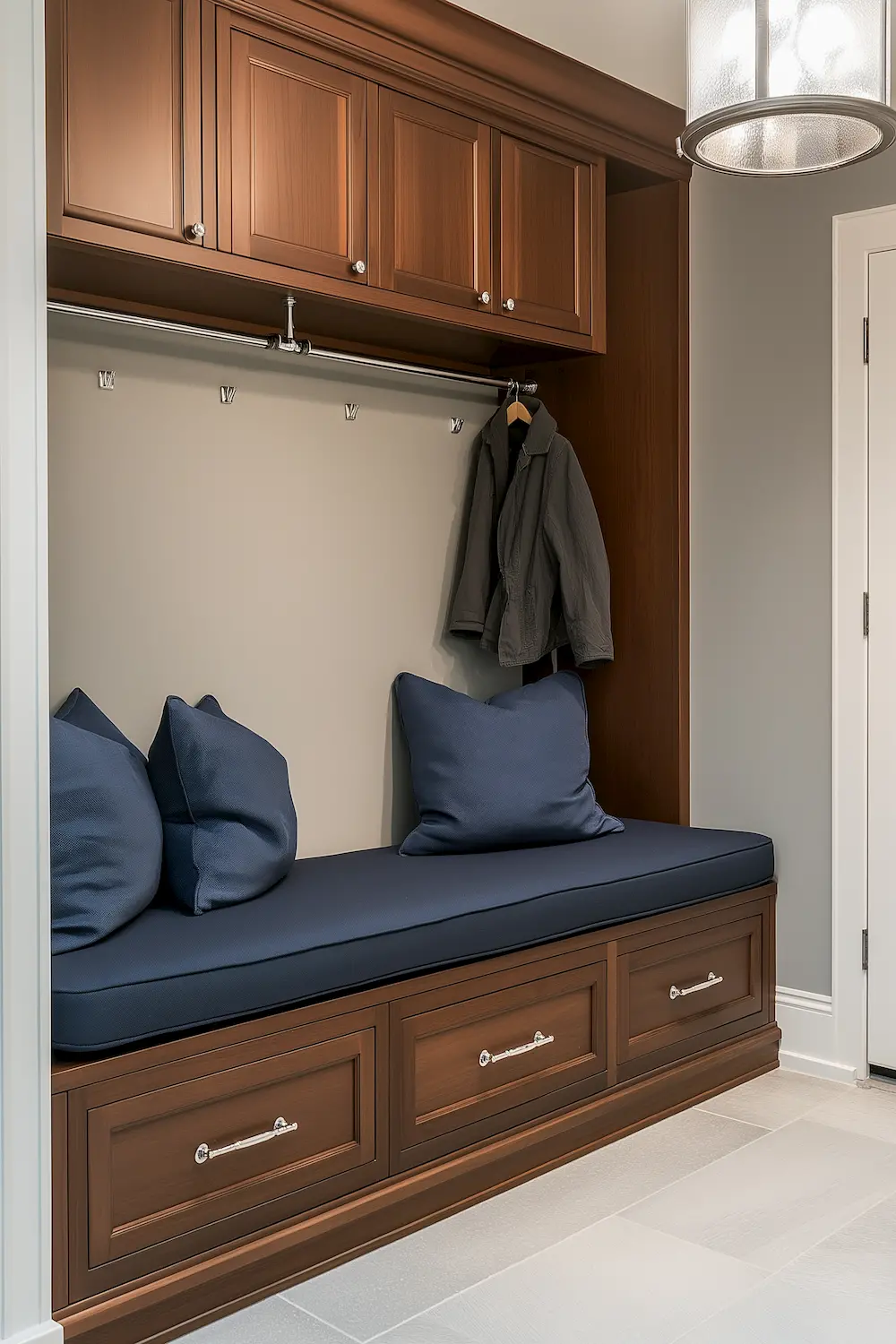 Cozy entryway featuring wooden storage cabinets and blue cushions on a bench