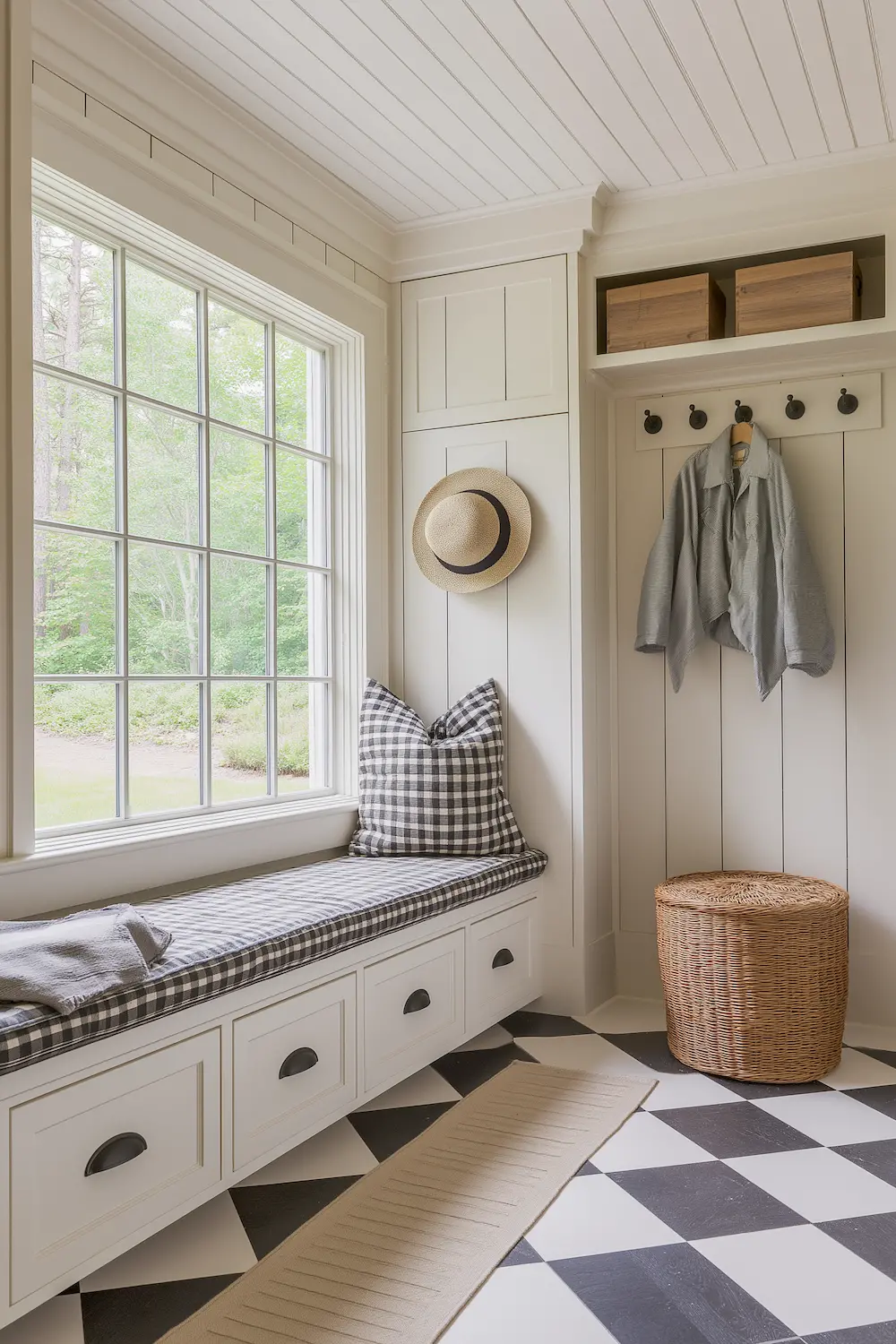 Cozy entryway with a checkered bench pillow and a straw hat on the wall