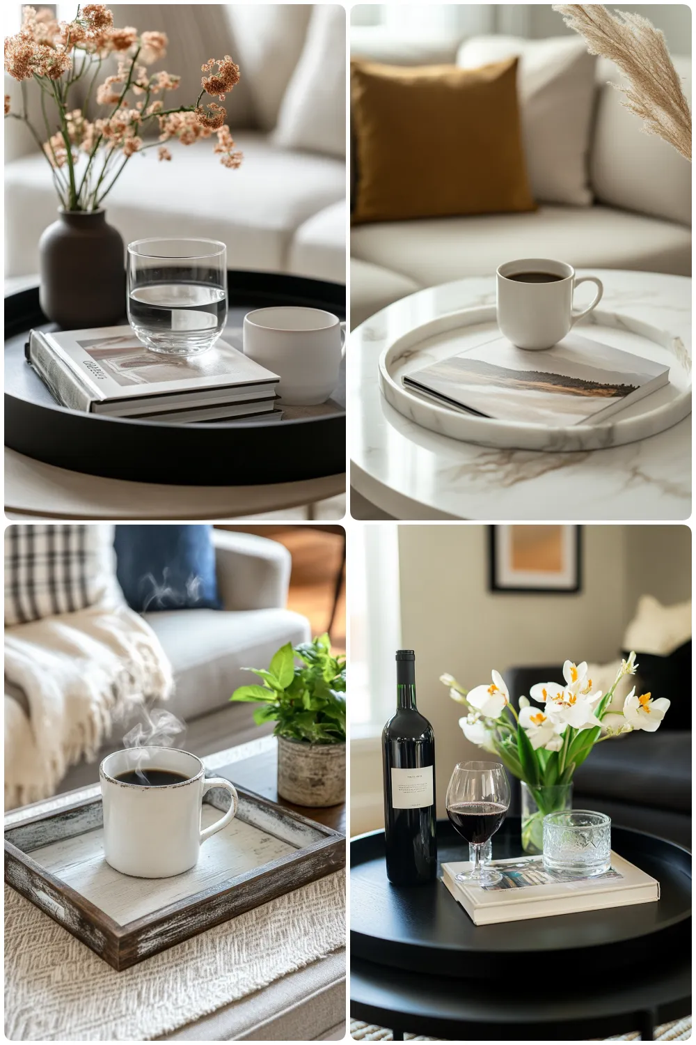 Cozy living room scenes featuring various trays with coffee mugs books flowers drinks and decor elements creating inviting atmospheres