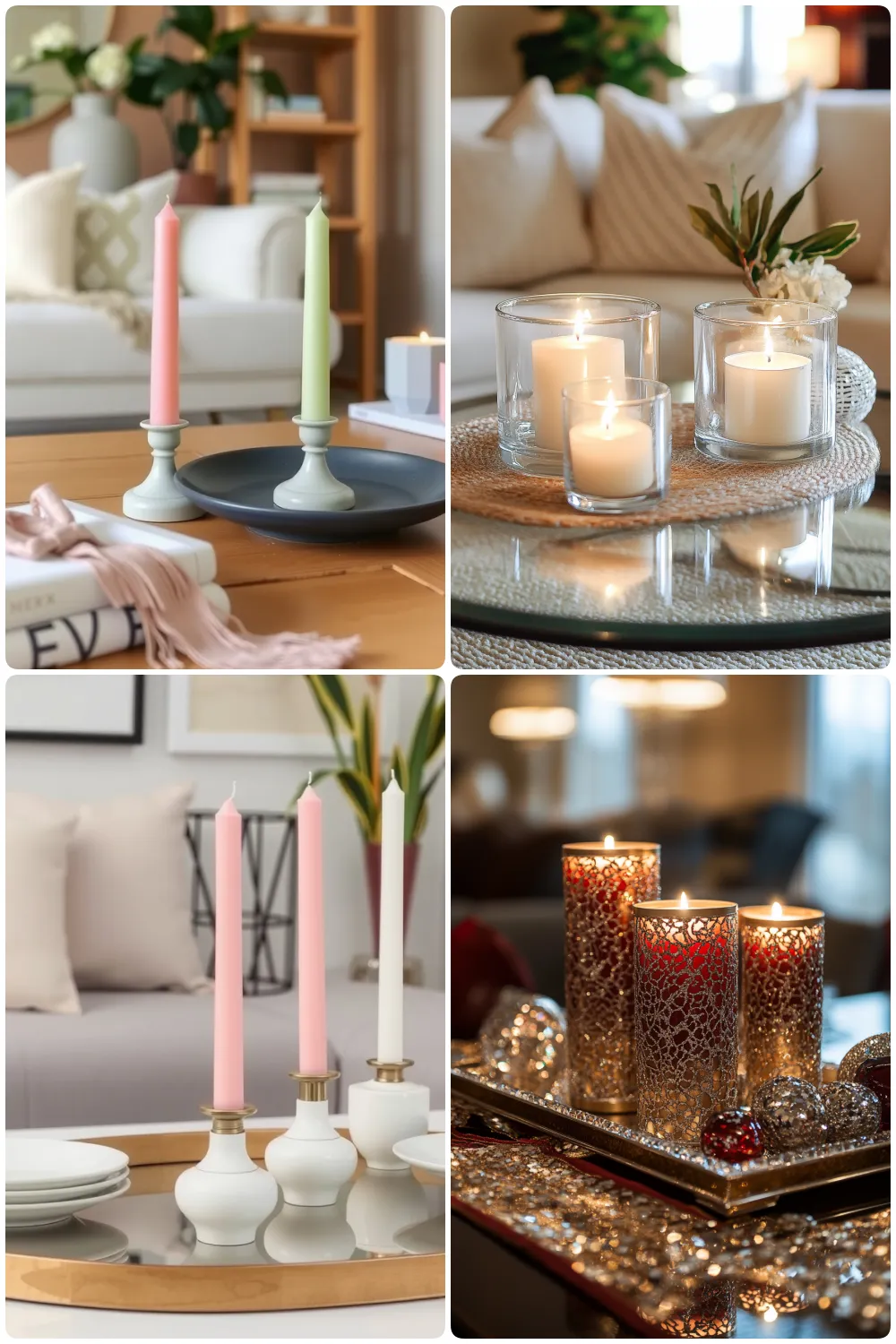 Cozy living room with pink and green candles on trays, clear glass candles, and decorative red gold candles in coffee table