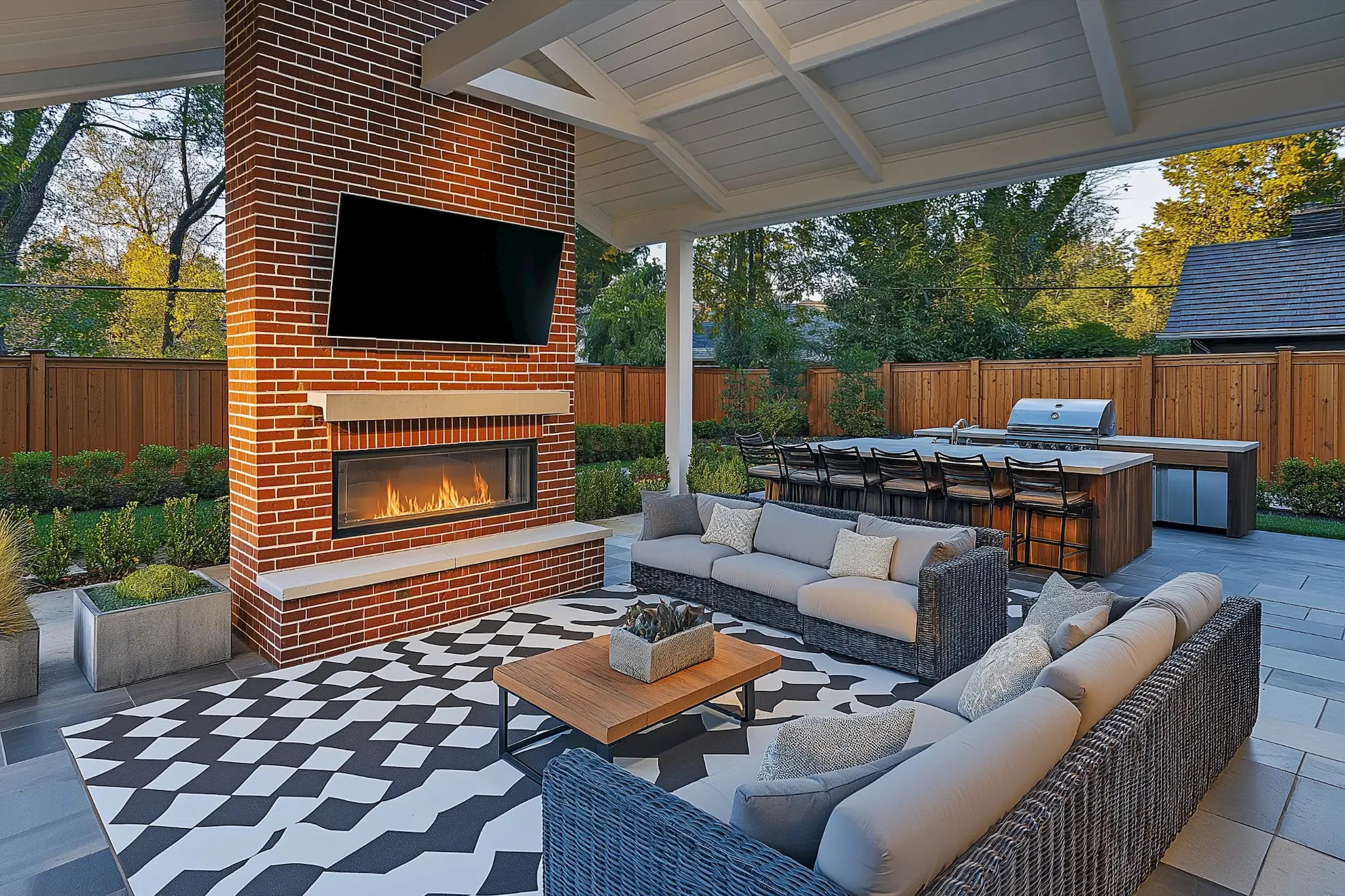 Cozy outdoor living space with fireplace and TV modern furniture and barbecue area, lounging area