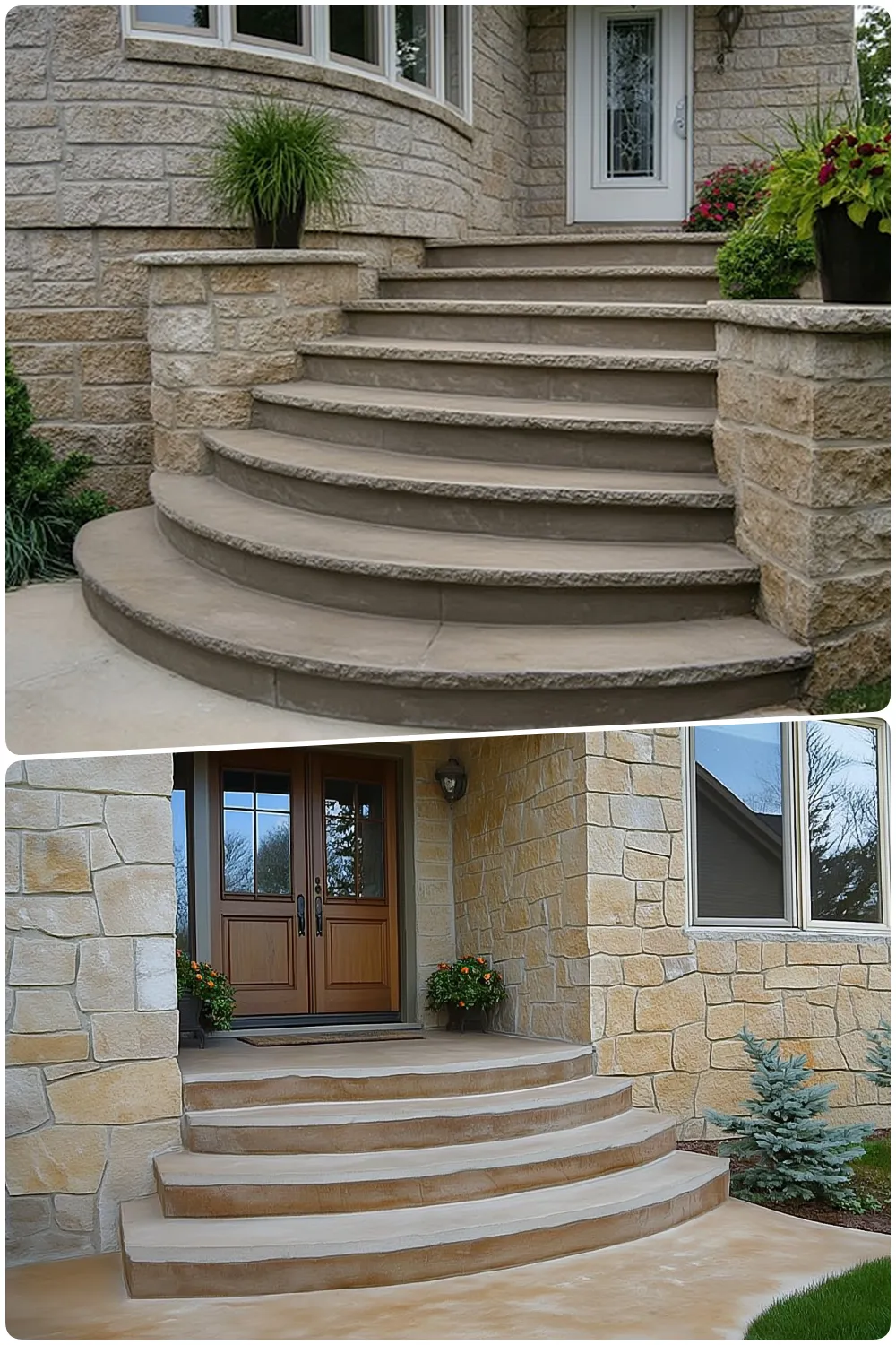 Curved concrete steps leading to a front door with planters on the sides, Identical curved concrete steps with wooden doors and greenery at the entrance