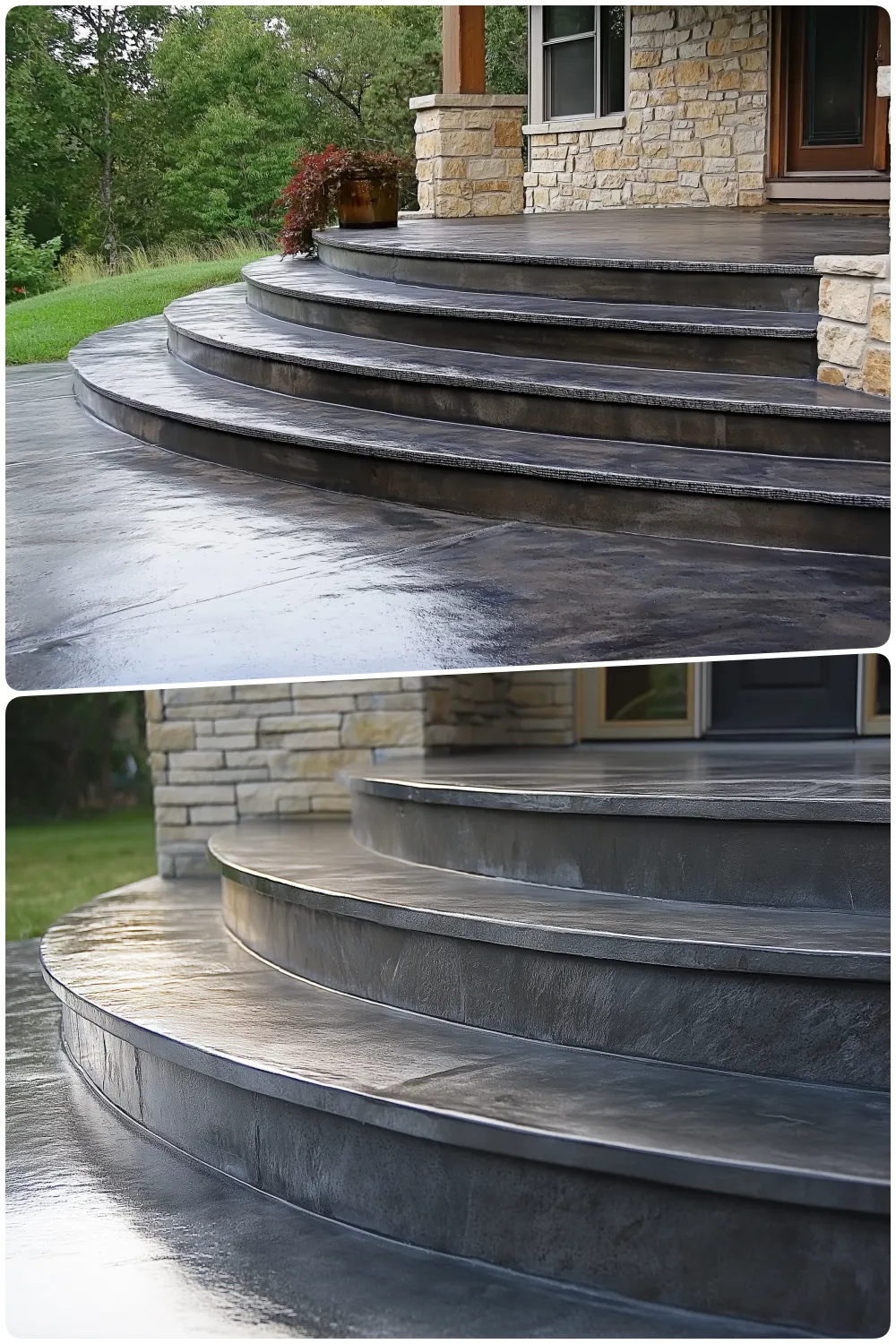 Curved gray concrete material steps with a glossy finish leading to a house entrance, gray concrete steps with a smooth surface and a front door in the background