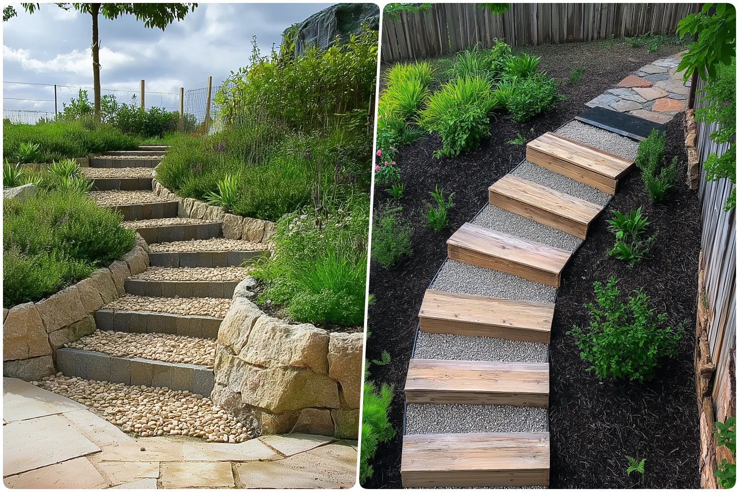 Curved stone steps bordered by greenery leading up a slope in a garden and Wooden and stone steps winding through lush plants in a landscaped area