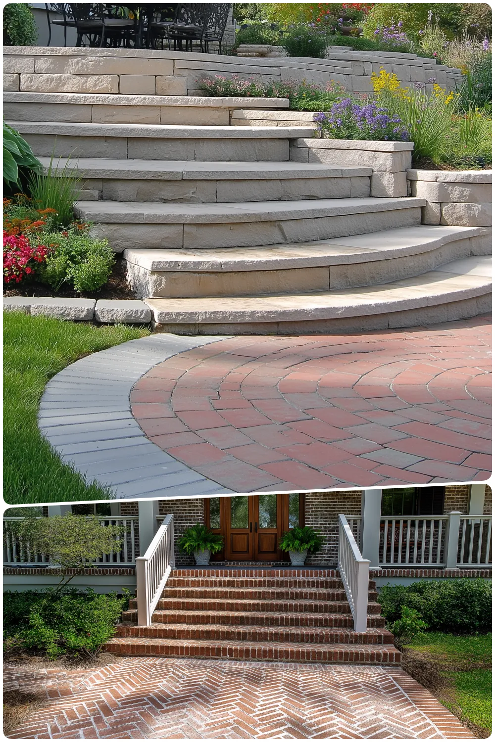 Curved stone steps leading to a garden with colorful flowers and Brick steps with white railings leading to a front door surrounded by greenery