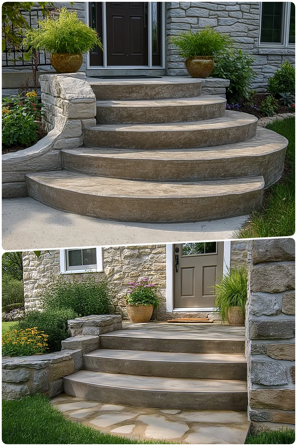 Curved stone steps with planters leading to a dark front door and lush greenery