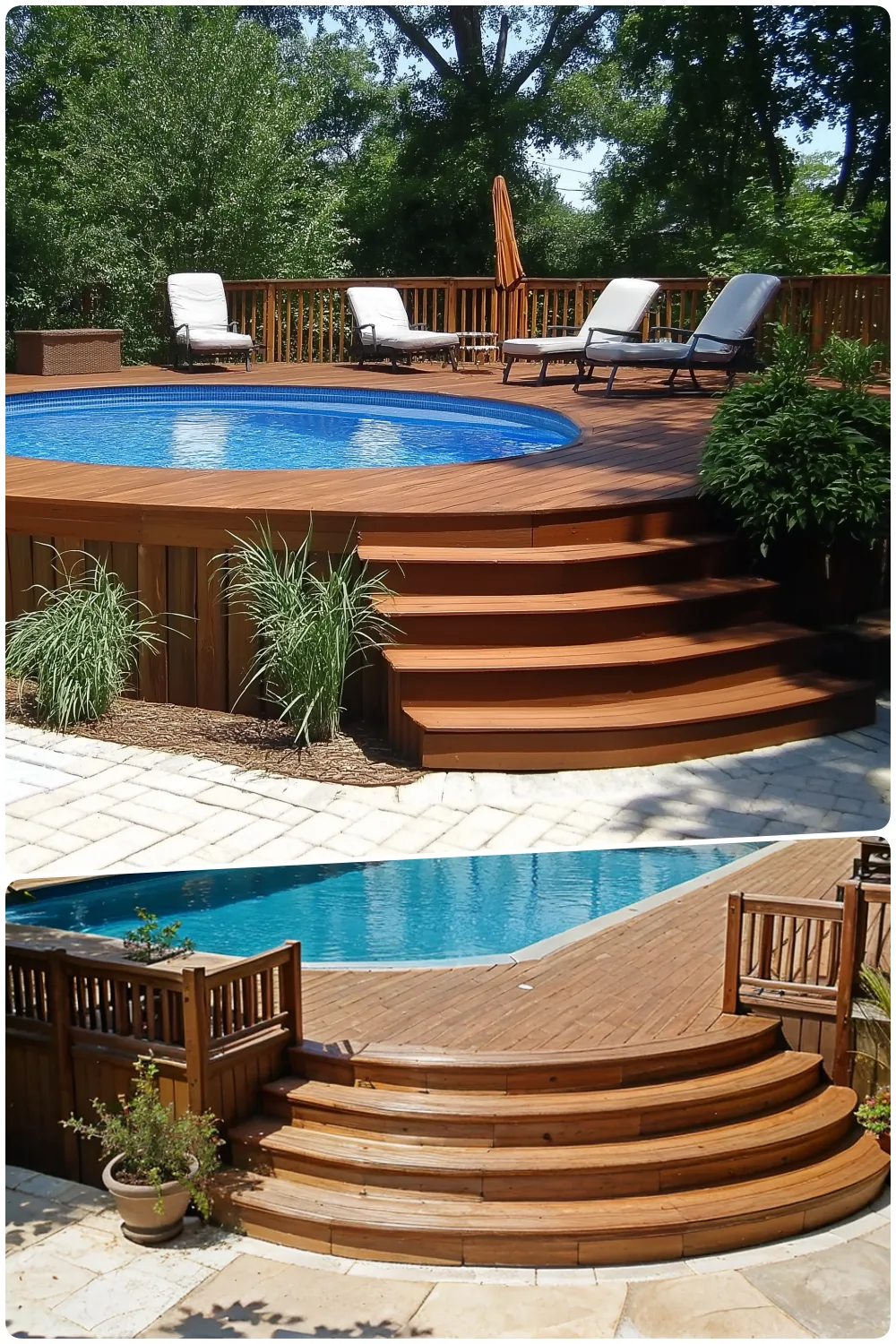 Curved wooden deck with steps leading to a blue pool surrounded by lounge chairs and greenery, Wooden deck with steps and a blue pool set in a sunny outdoor area with potted plants