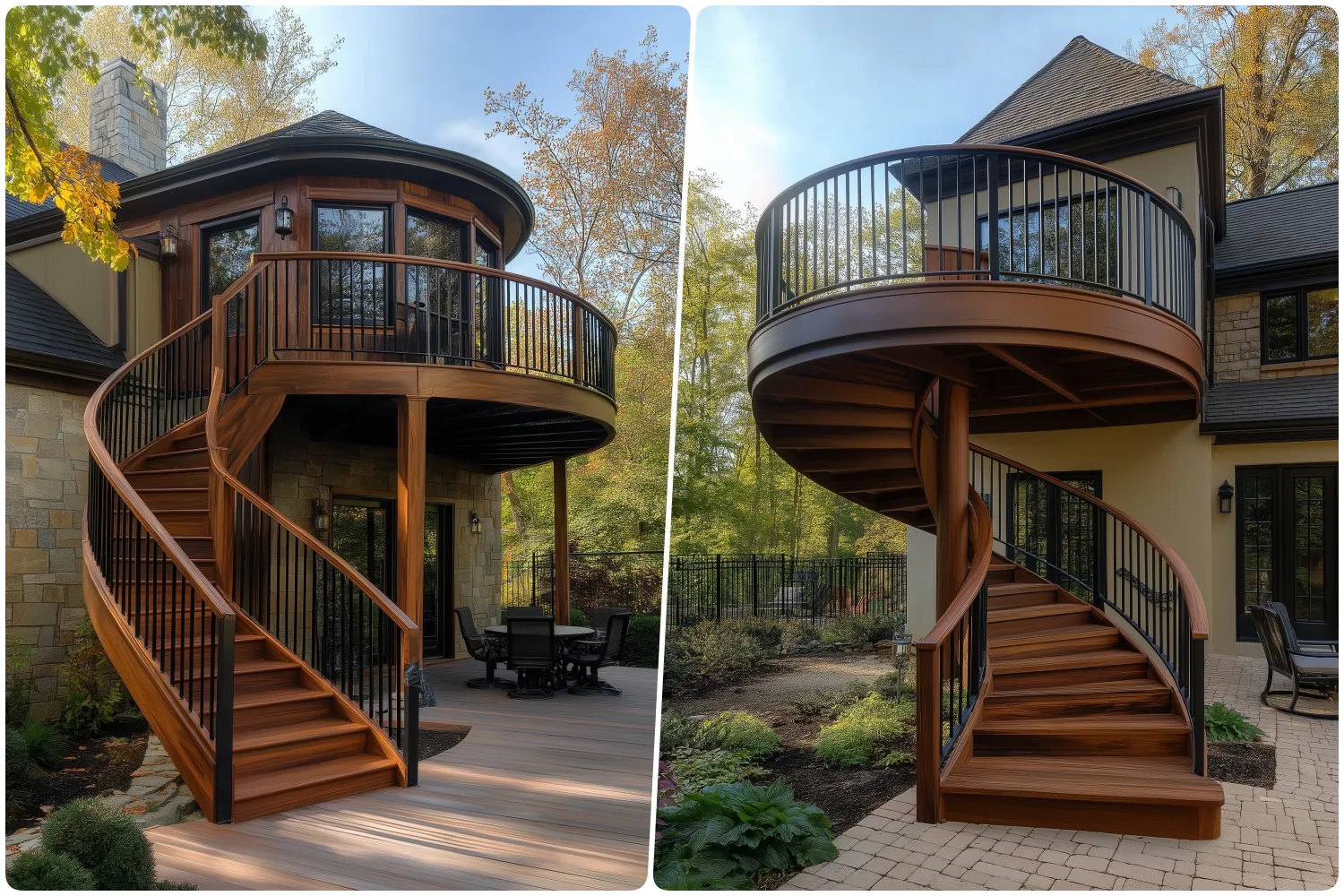 Curved wooden staircase leading to a deck with a circular balcony and Spiral wooden staircase with a rounded top and surrounding green garden