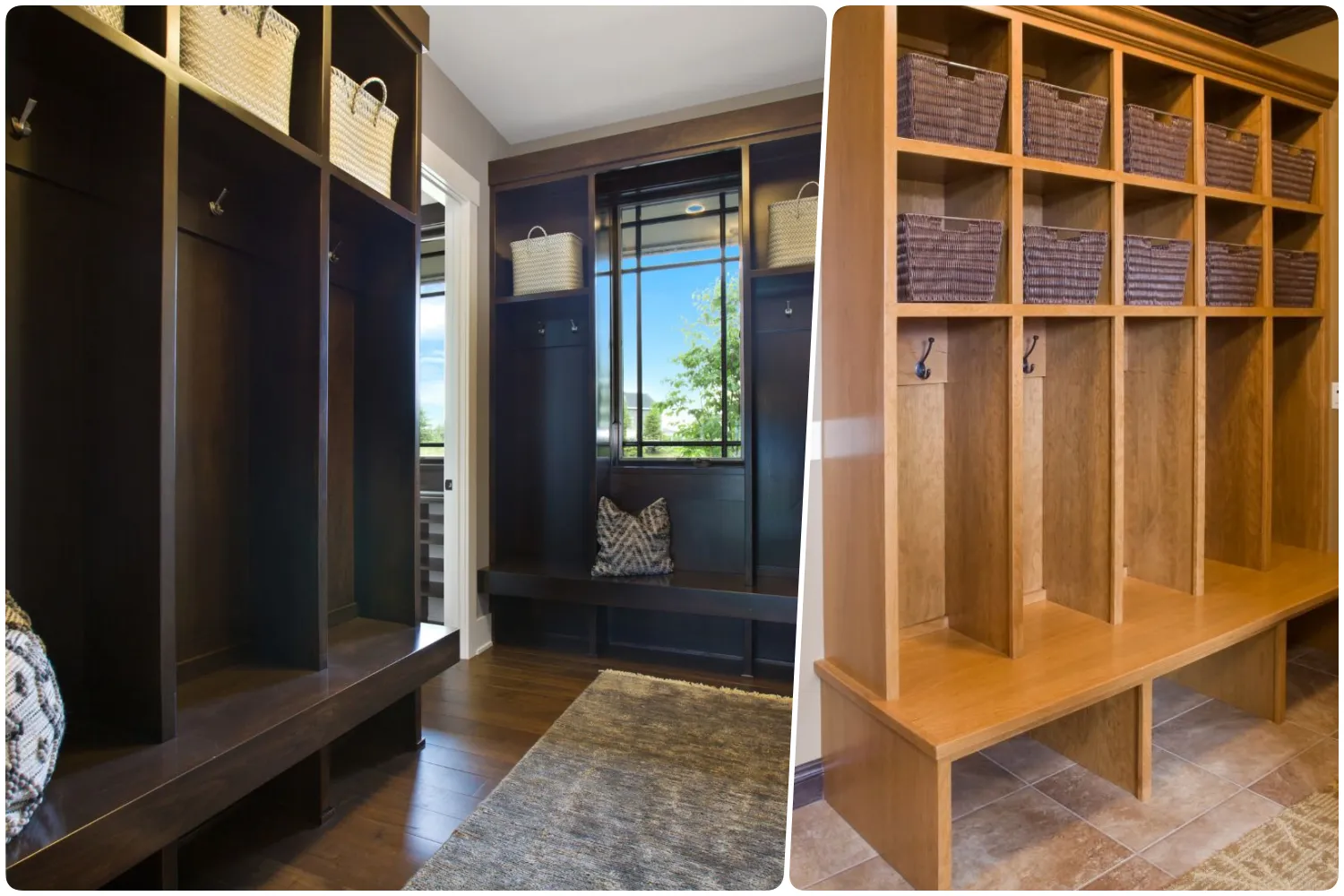 Dark wooden mudroom with cubbies and baskets on the left light wooden cubbies with storage on the right