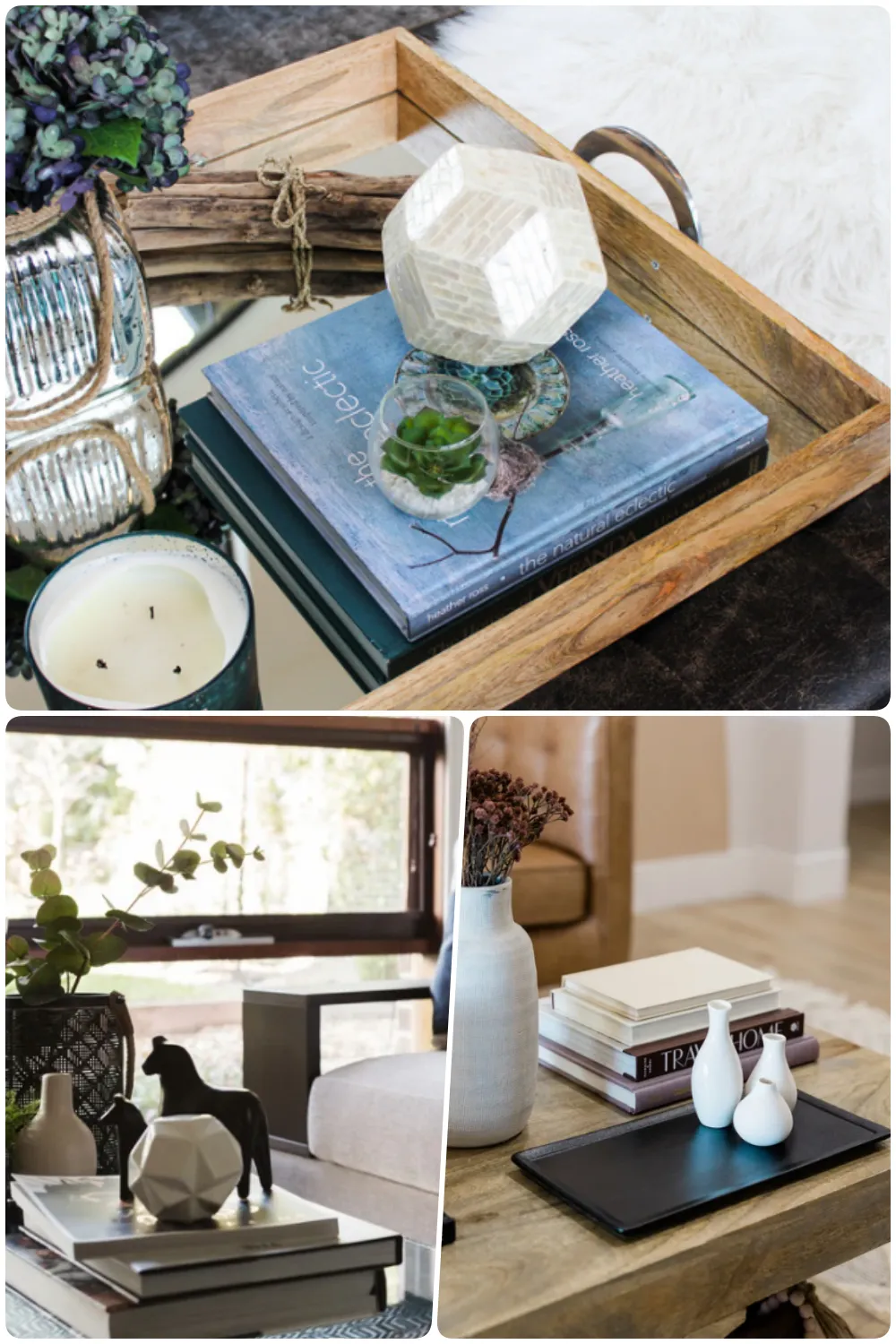 Decorative tray with books candle and geometric glass ornament alongside a stylish table featuring plants vases and a black figure