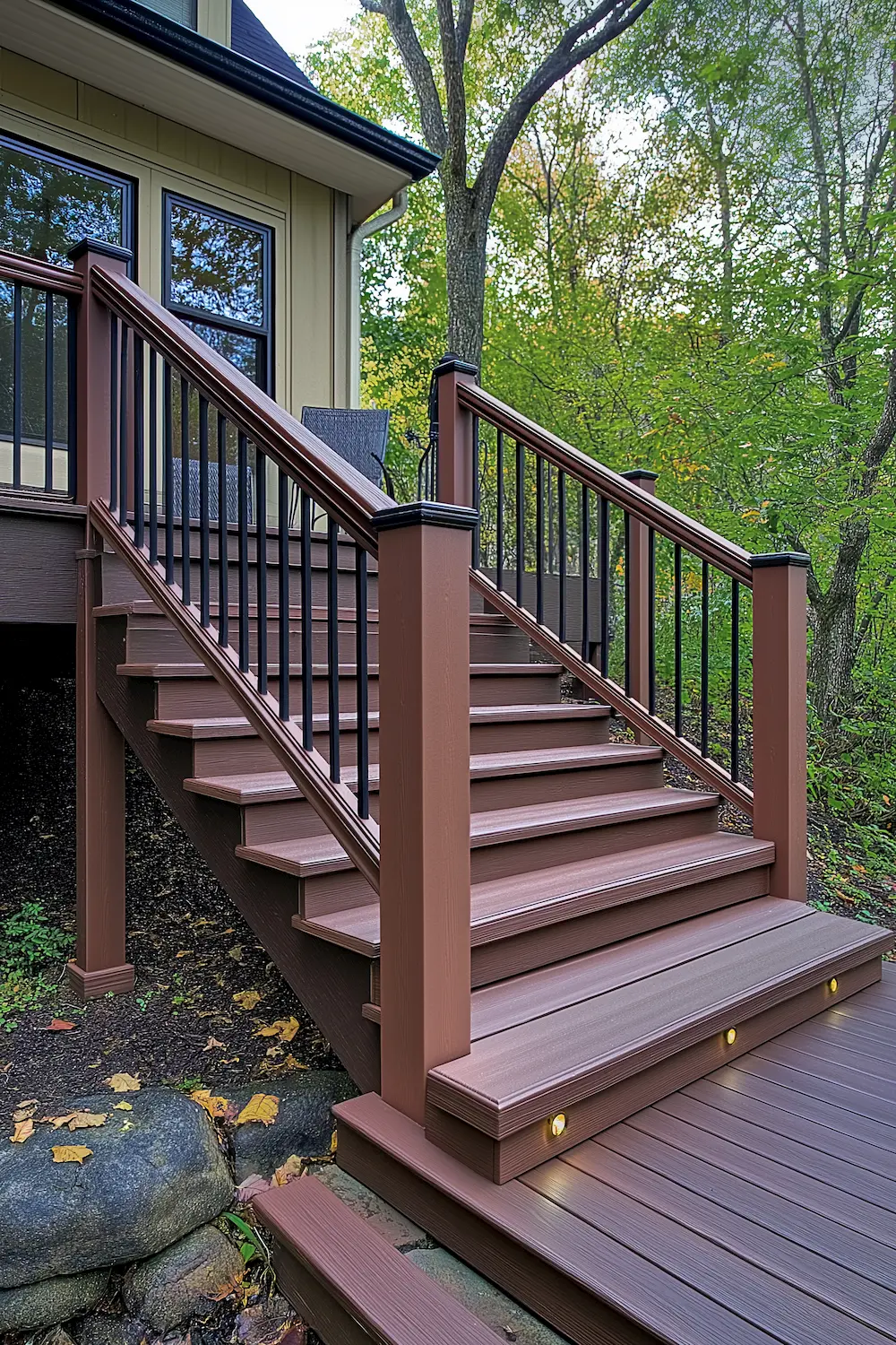 Elegant brown staircase with black railing leading to a porch surrounded by trees