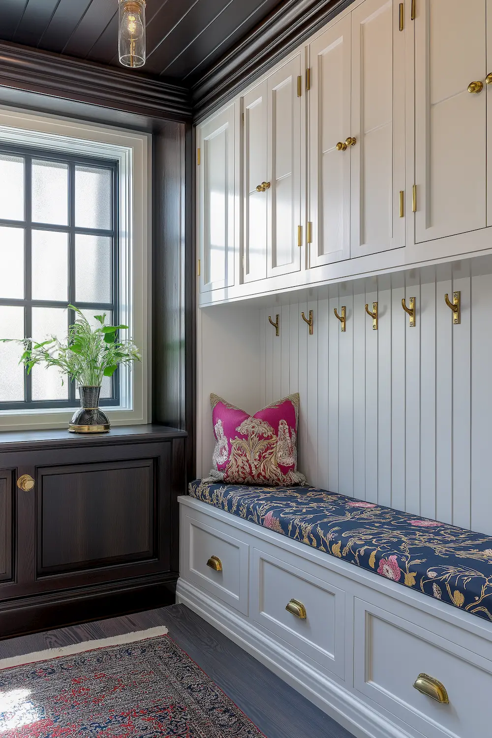 Elegant entryway with a patterned bench vibrant pillows and a plant by the window