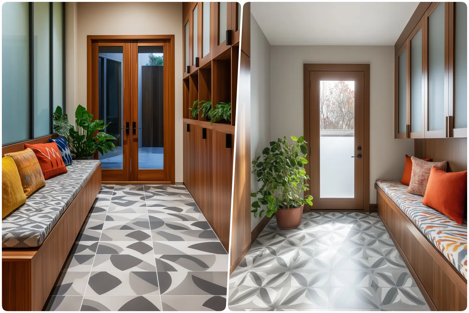 Elegant entryway with patterned tiles and wooden bench with cushions