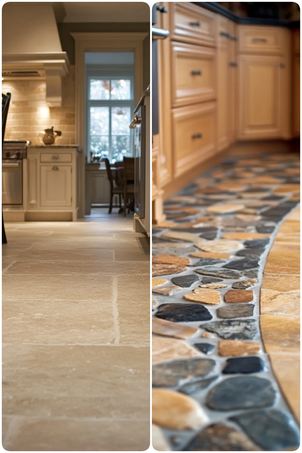 Elegant kitchen flooring showcasing light stone tiles and rustic pebble patterns for style