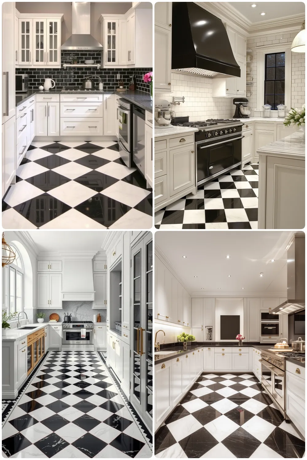 Elegant kitchens featuring luxurious black and white checkered floors in various layouts