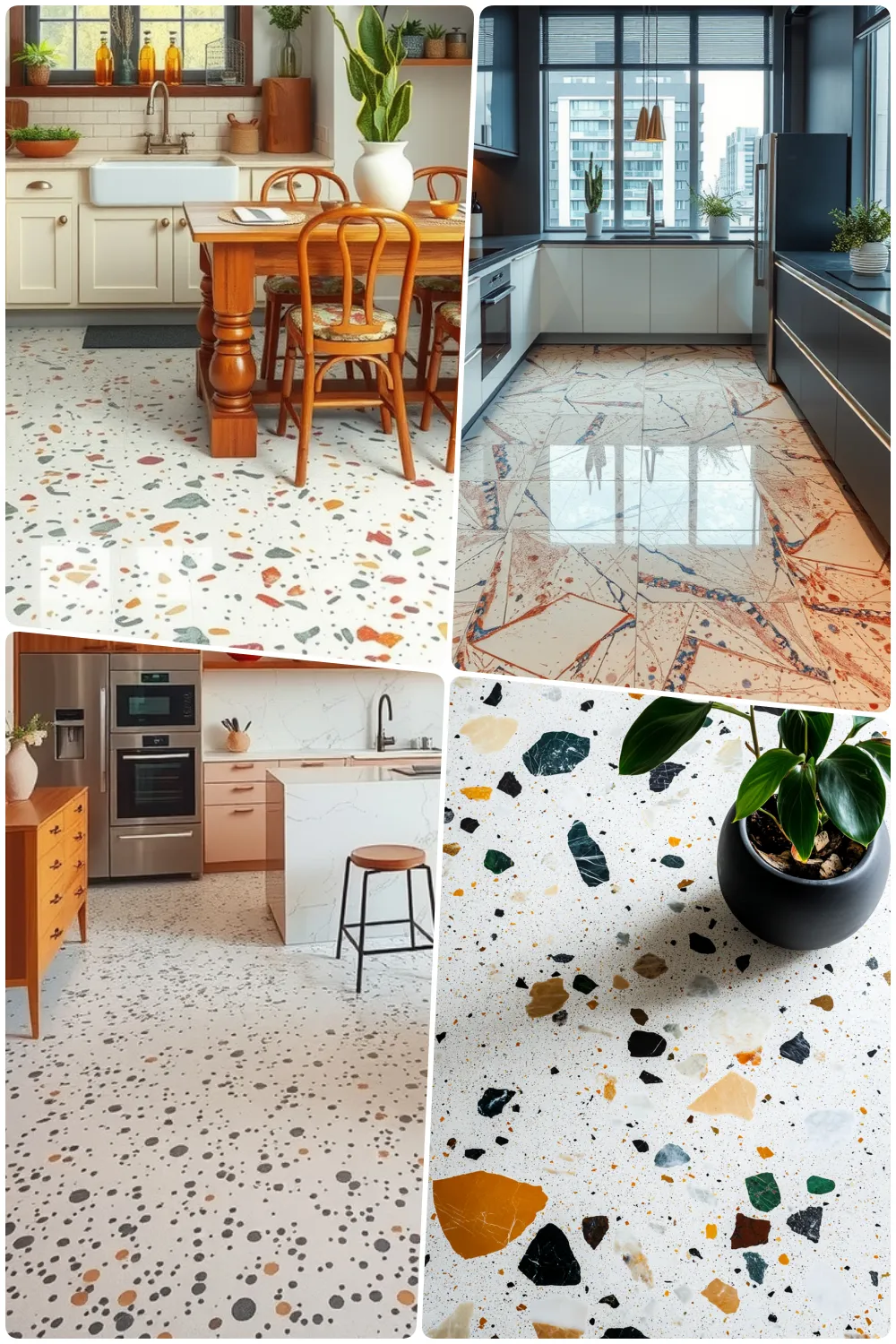 Elegant kitchens featuring stunning terrazzo and marble flooring with modern decor and plants