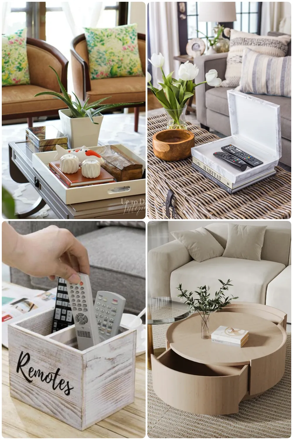 Elegant living room scene featuring cozy seating with floral cushions a stylish coffee table with organized trays containing plants magazines and remote controls