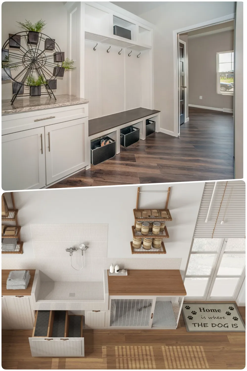 Elegant mudroom with a bench cabinets hooks and baskets for storage, Top view of a pet area with a bath station storage shelves and a welcome mat