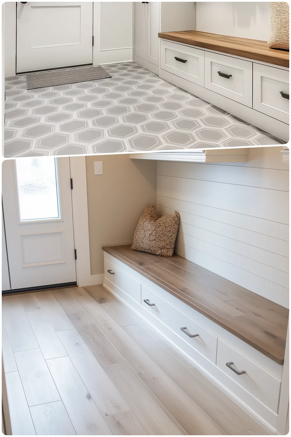 Entrance with hexagonal patterned gray vinyl flooring and bench with drawers, Cozy entryway featuring a wooden bench and light colored flooring