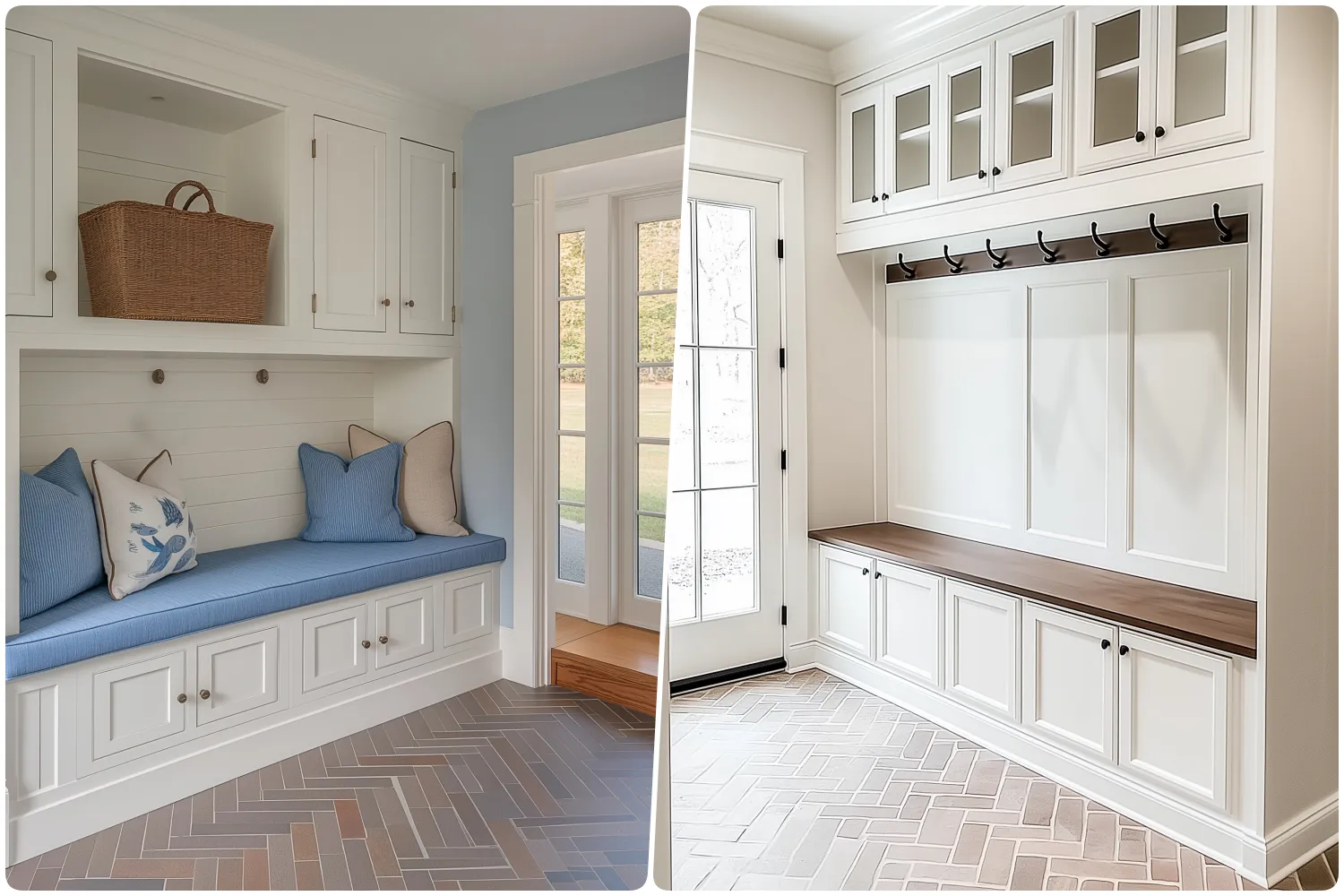 Entryway mudroom with a built-in bench blue cushions and a basket above, Mudroom with coat hooks and open shelving above a wooden bench