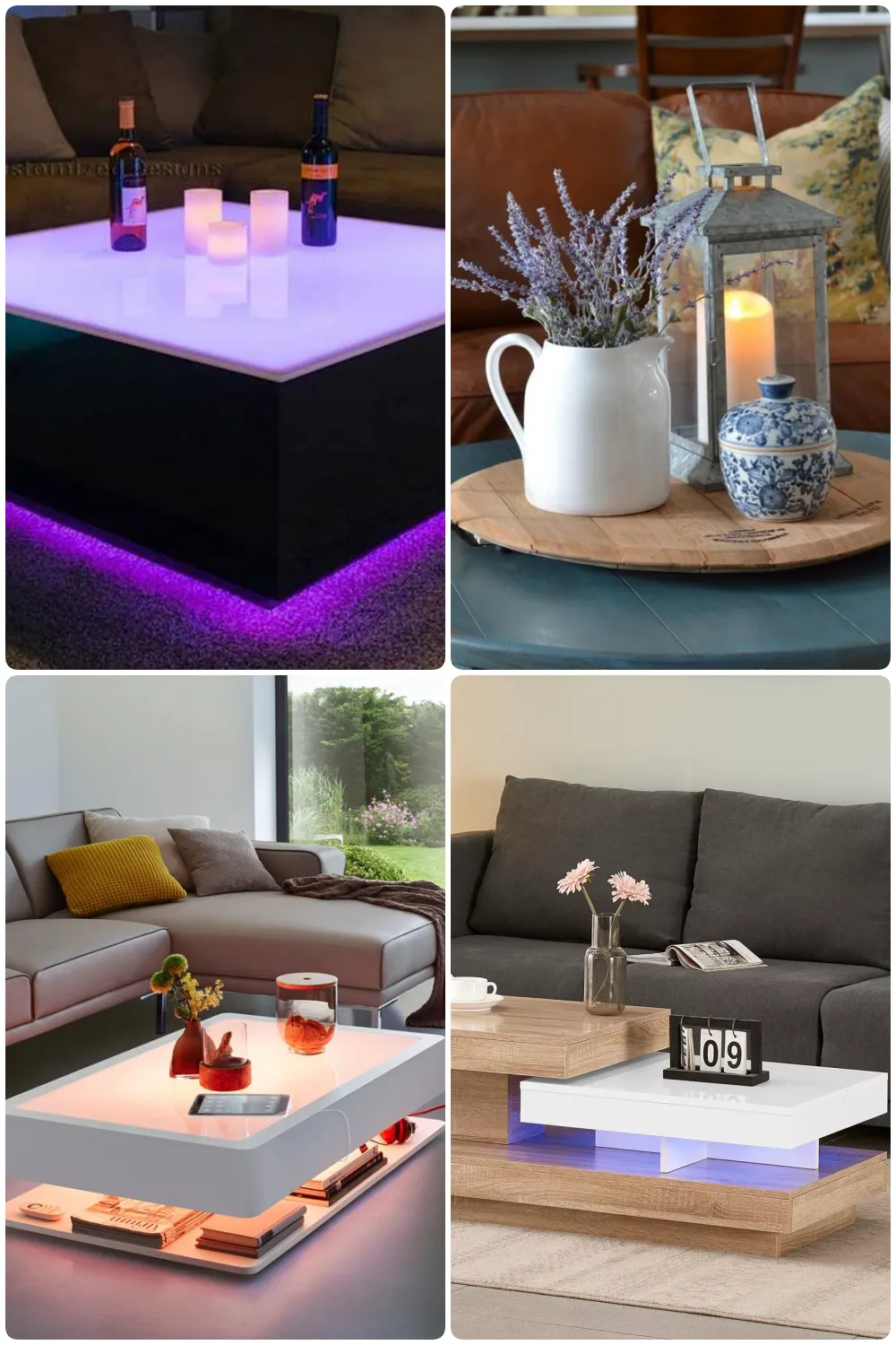 Four modern coffee table designs showcase unique features a glowing edge table with candles and wine bottles, a decorative wooden tray with a floral arrangement and candles