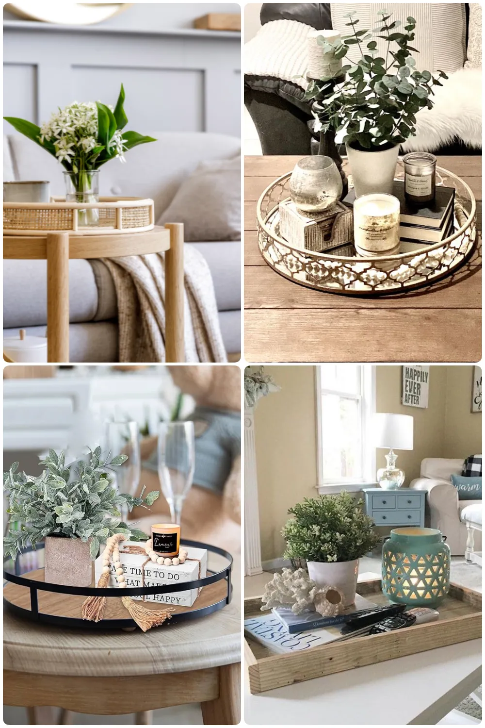 Four styled trays in a cozy living room featuring plants candles decorative items and a to-do list