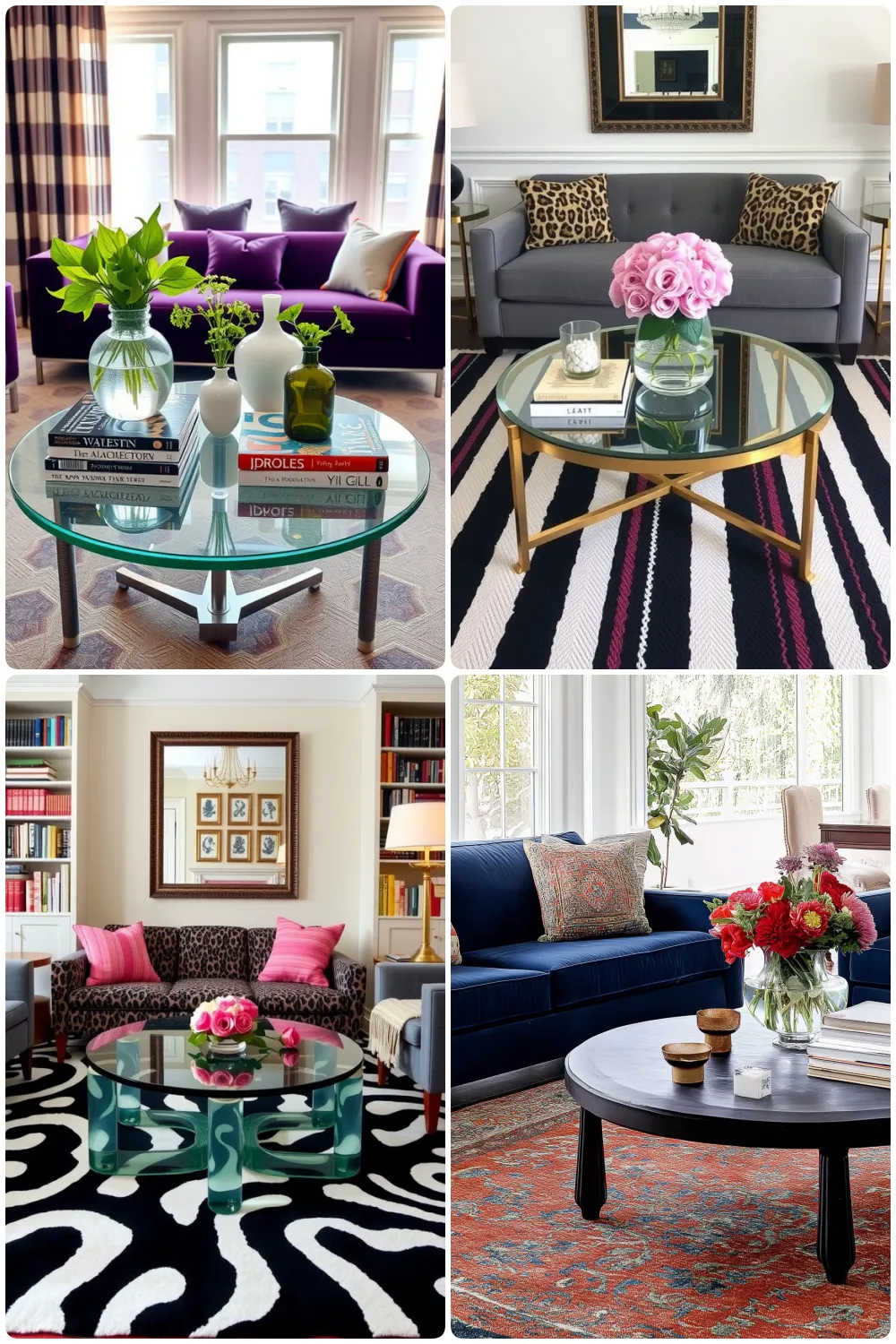 Four stylish living room designs showcasing glass coffee tables with flowers and books elegant sofas