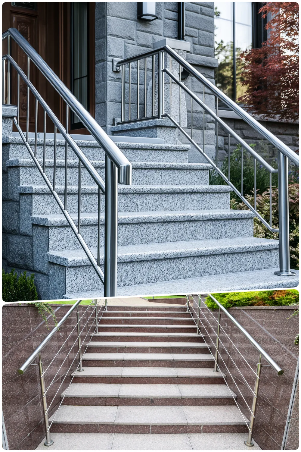 Granite staircase with stainless steel railings leading to a stone entryway, Concrete steps with sleek metal railings in a landscaped outdoor setting